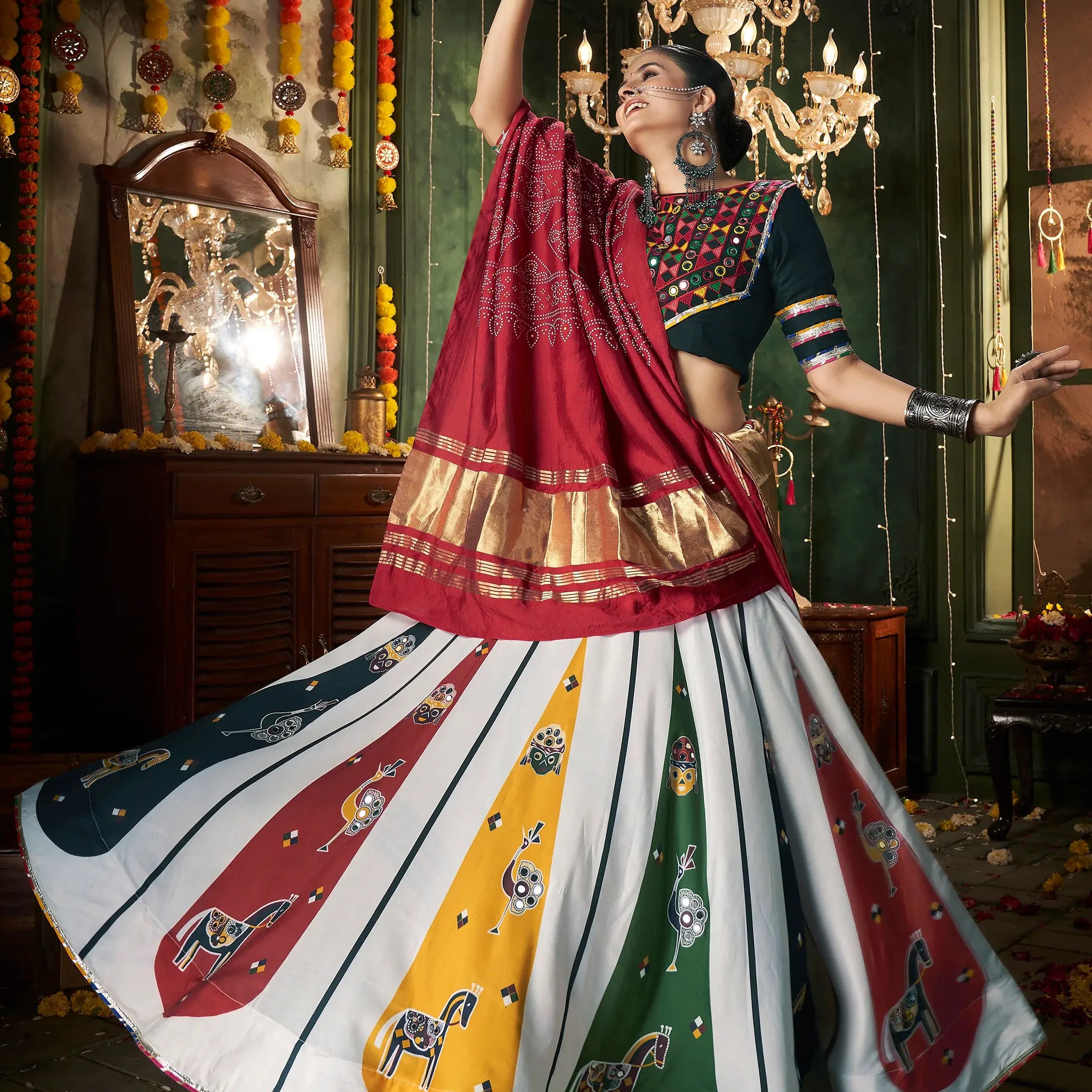 Adorable White Mirror Work Navratri Lehenga Choli With Gaji Silk Dupatta - Zeel Clothing