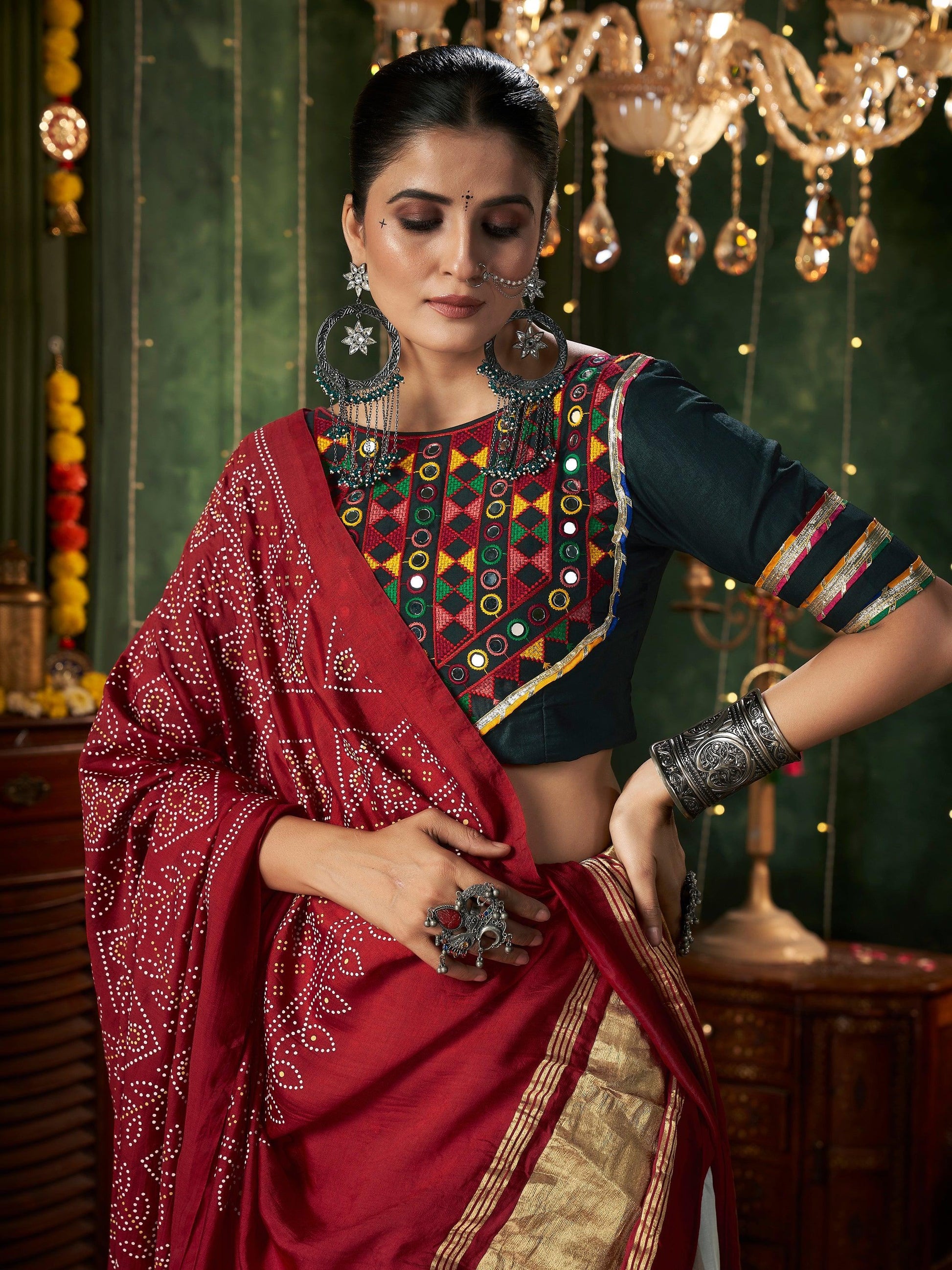 Adorable White Mirror Work Navratri Lehenga Choli With Gaji Silk Dupatta