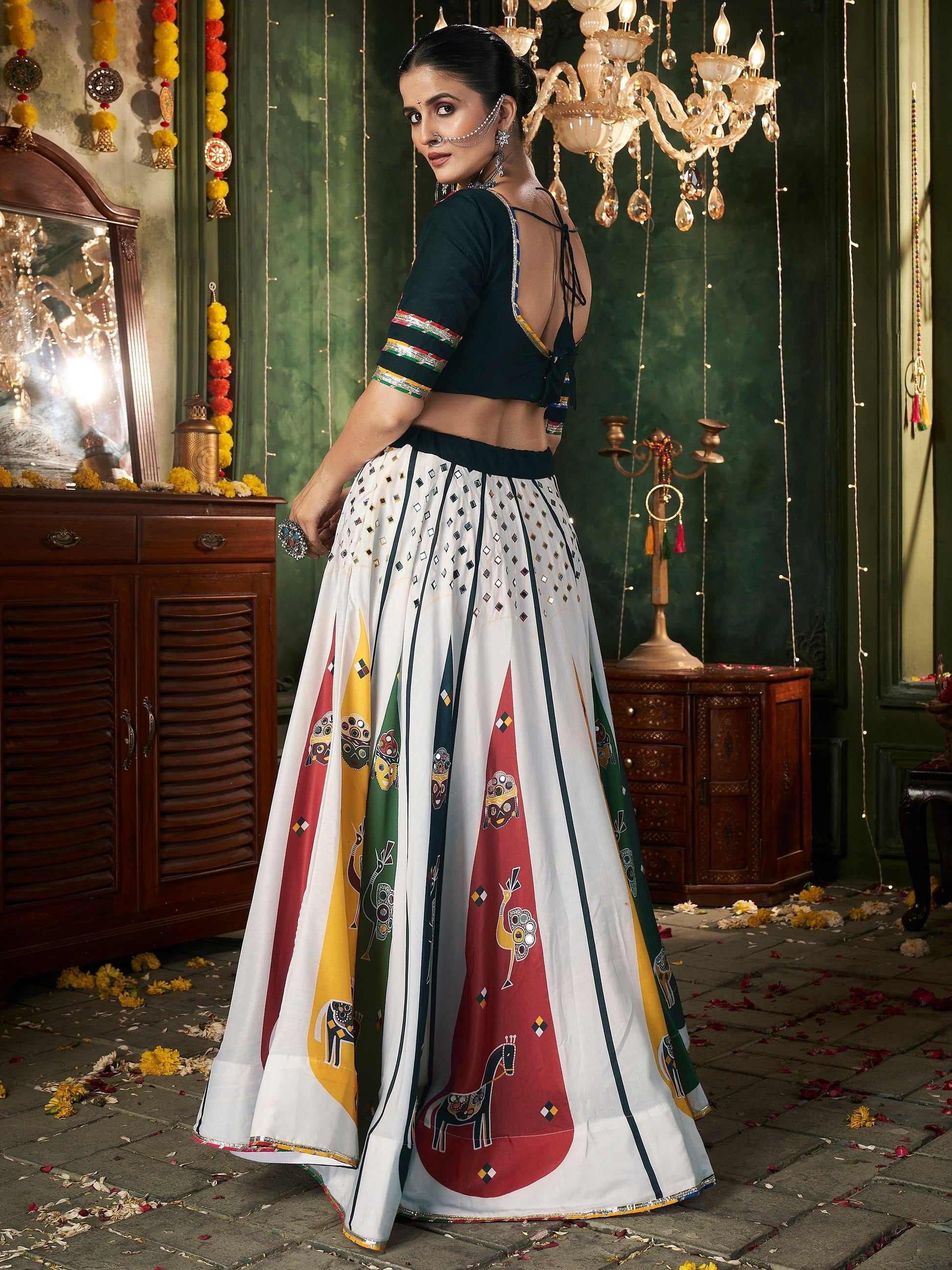Adorable White Mirror Work Navratri Lehenga Choli With Gaji Silk Dupatta