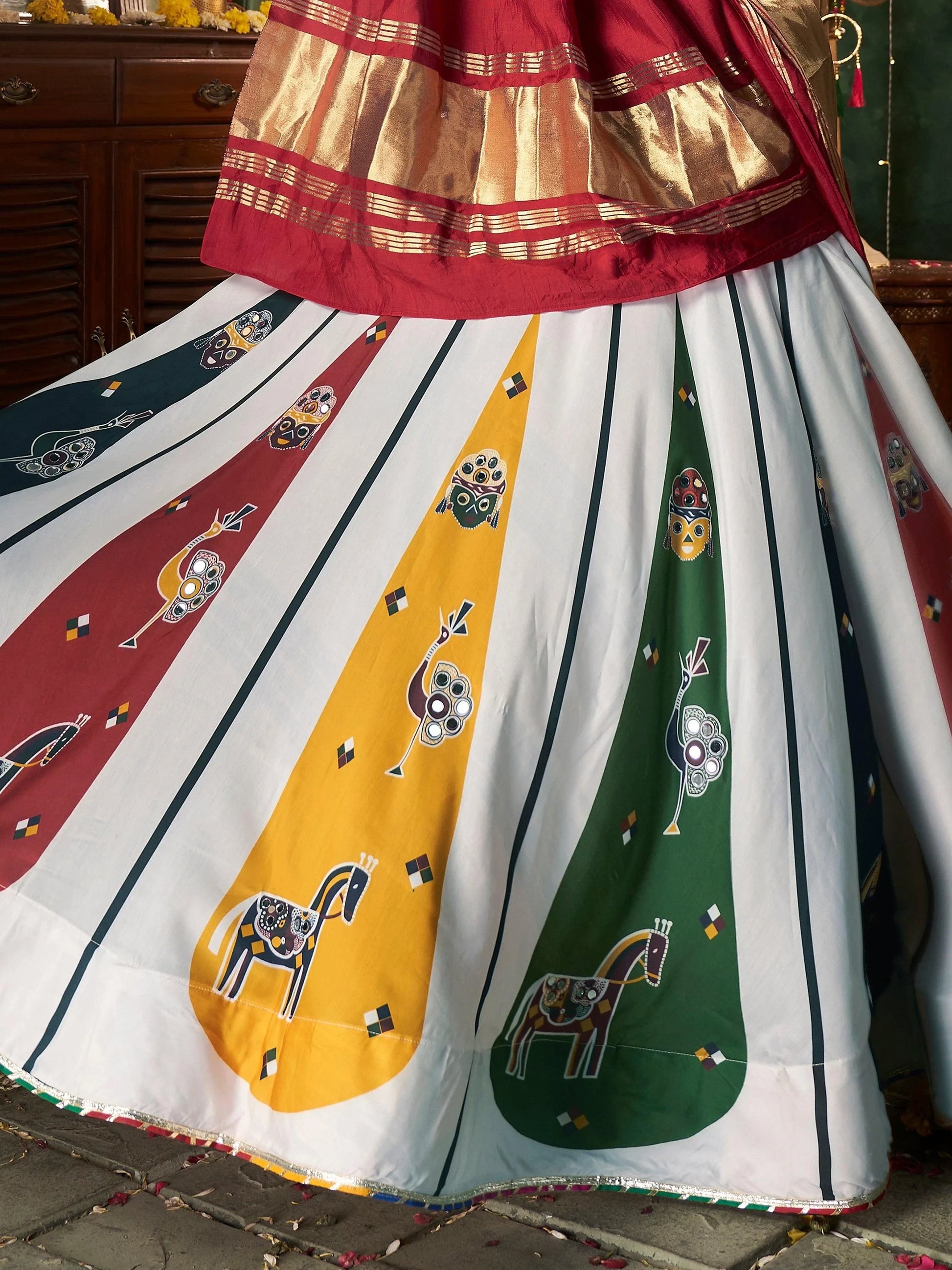 Adorable White Mirror Work Navratri Lehenga Choli With Gaji Silk Dupatta