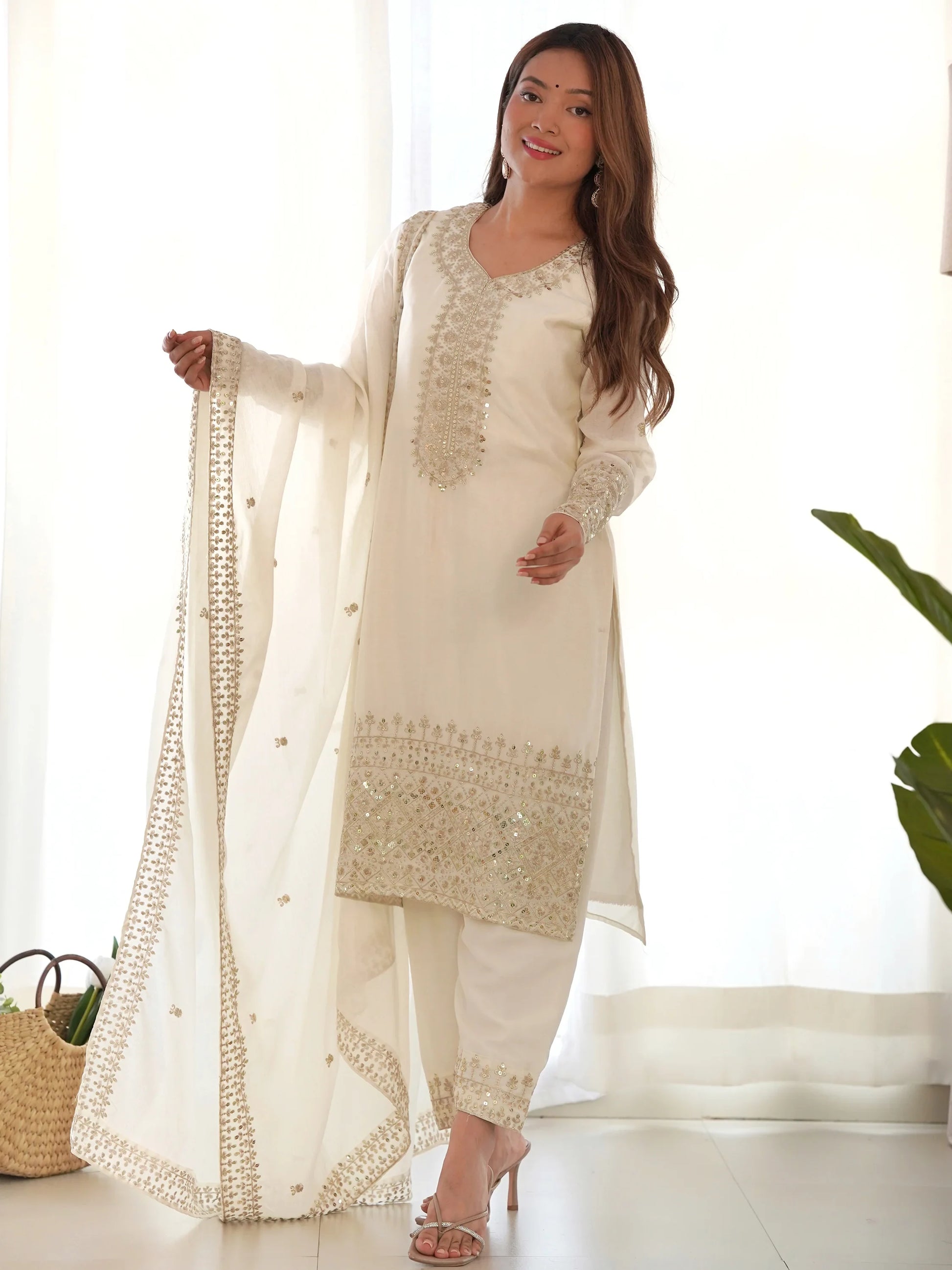 Adorable White Sequins Chinon Silk Eid Special Pant Suit - Zeel Clothing