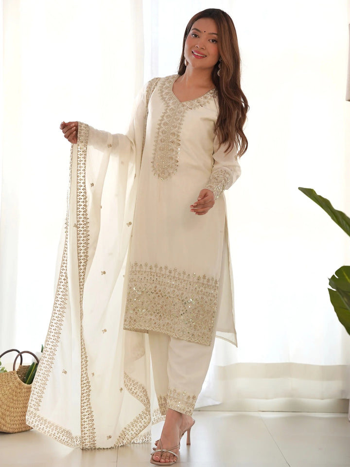 Adorable White Sequins Chinon Silk Eid Special Pant Suit - Zeel Clothing