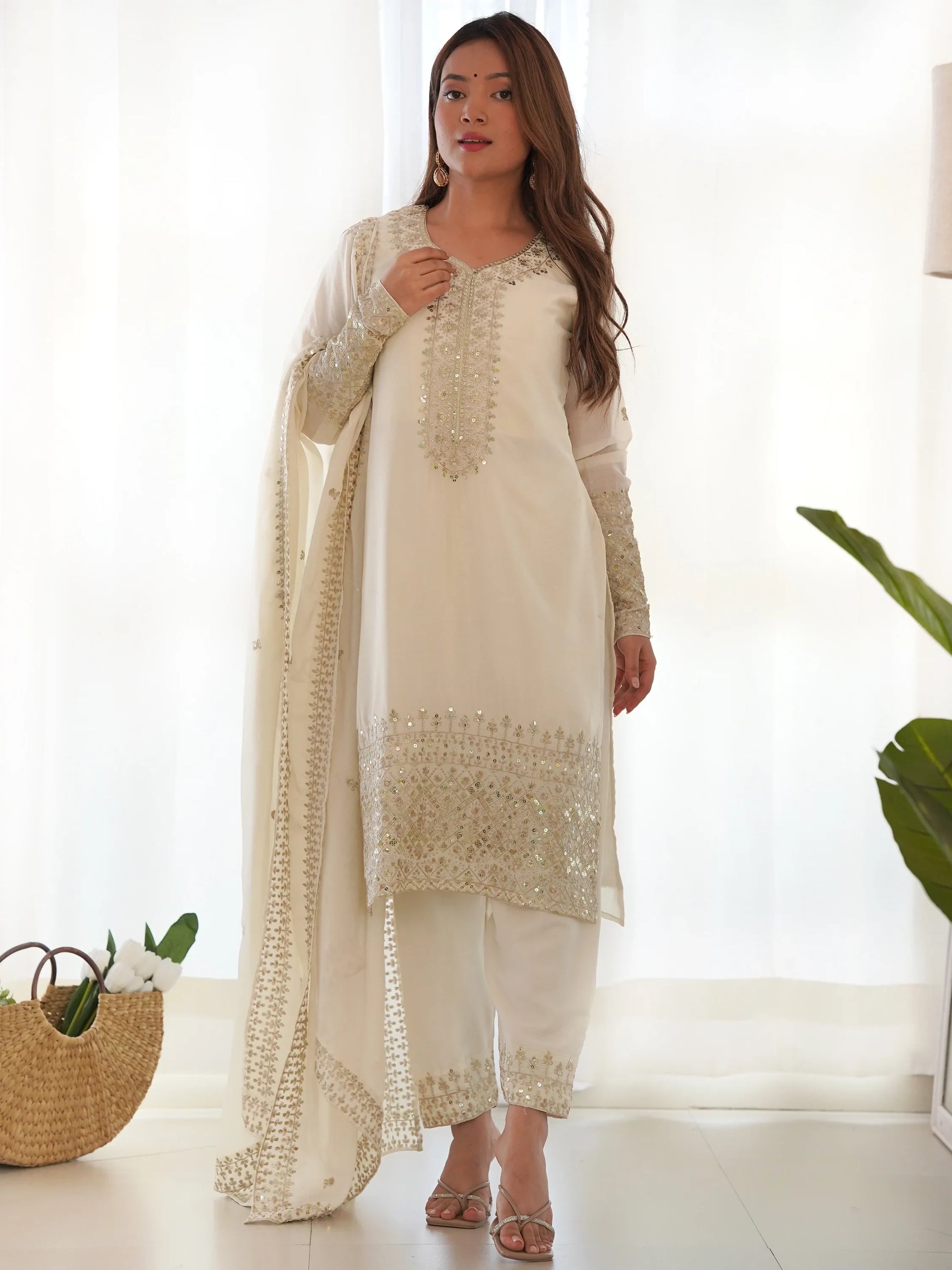 Adorable White Sequins Chinon Silk Eid Special Pant Suit - Zeel Clothing