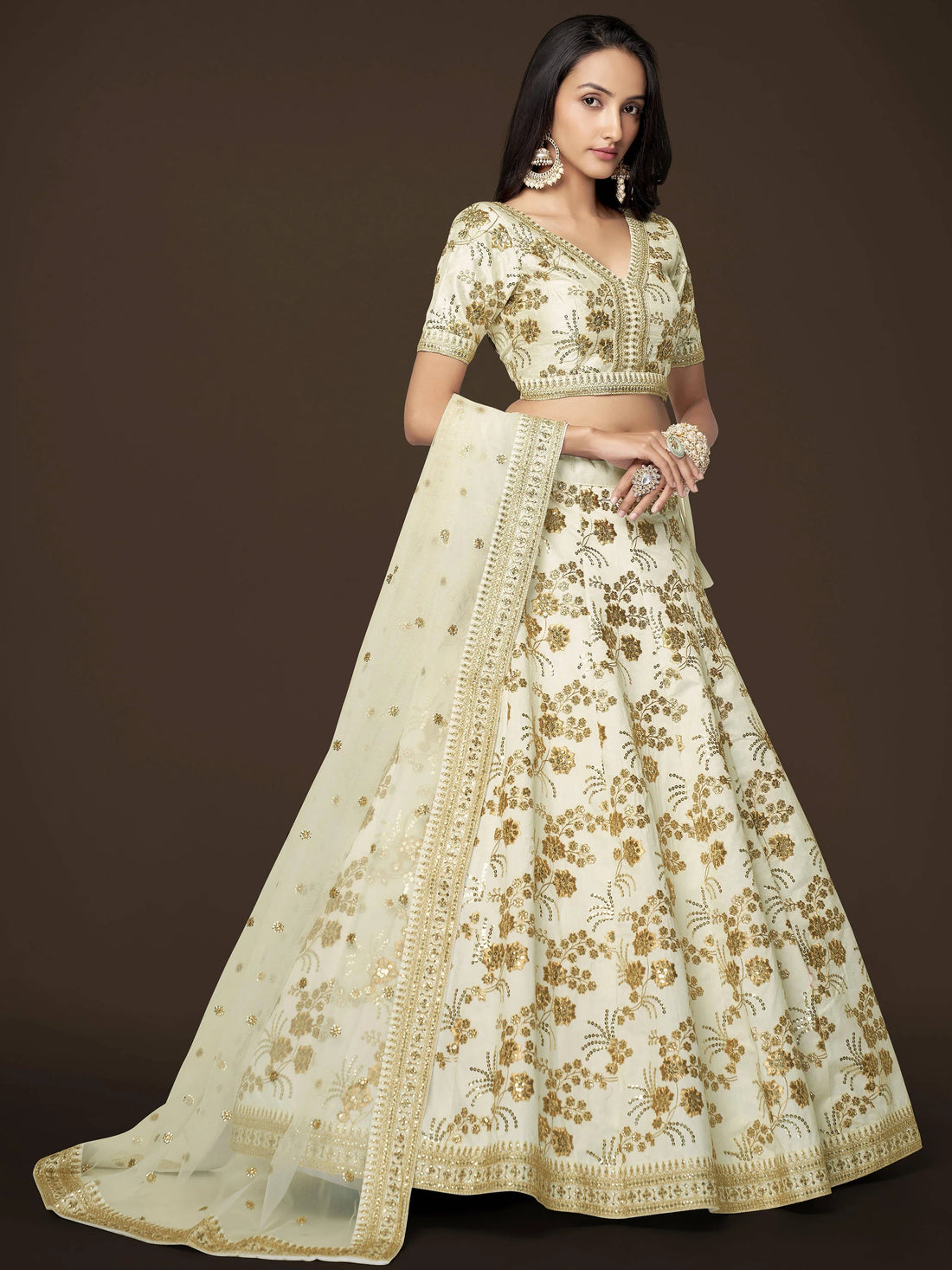 Adorable White Sequins Slub Silk Engagement Wear Lehenga Choli - Zeel Clothing