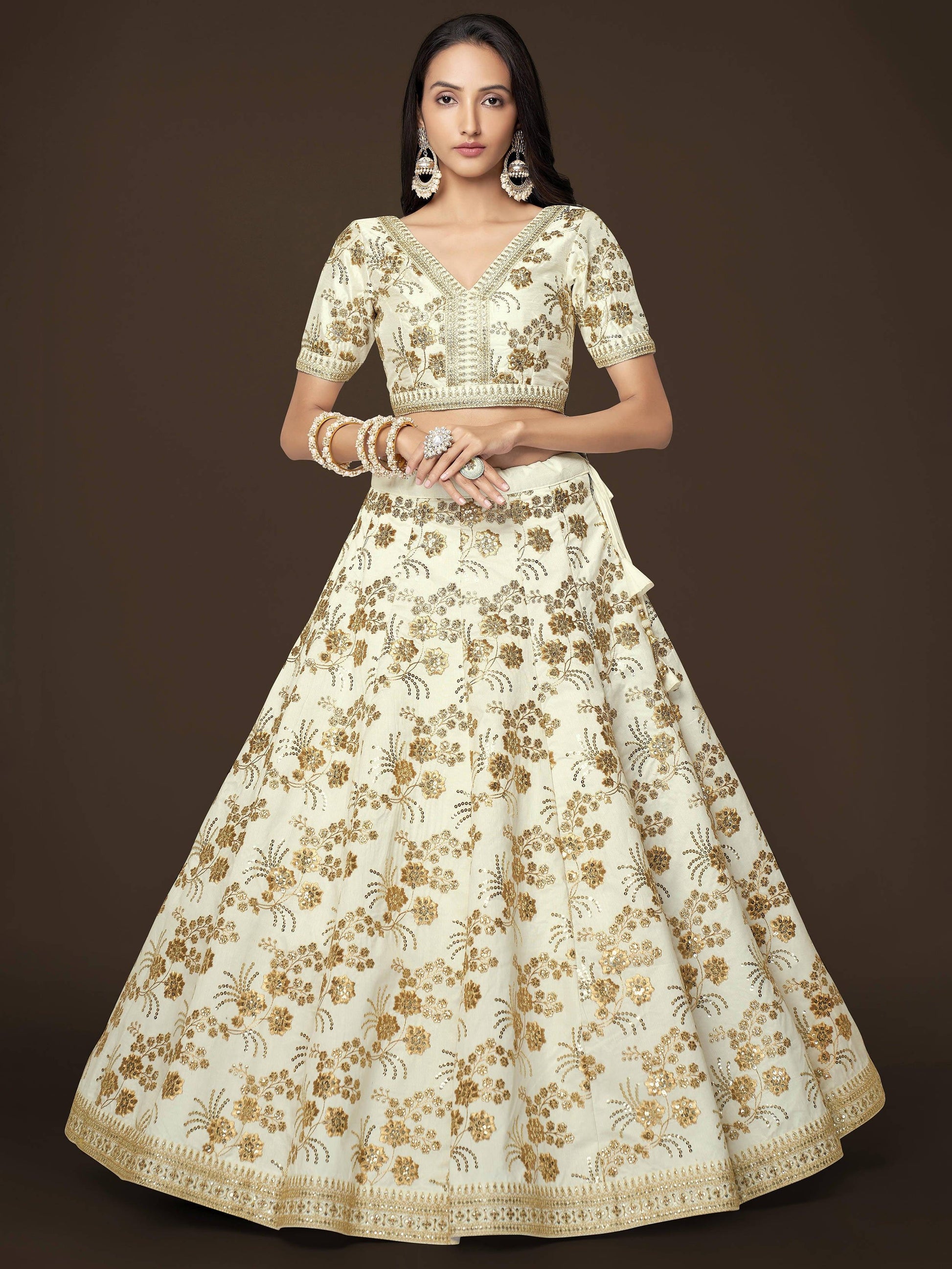 Adorable White Sequins Slub Silk Engagement Wear Lehenga Choli - Zeel Clothing