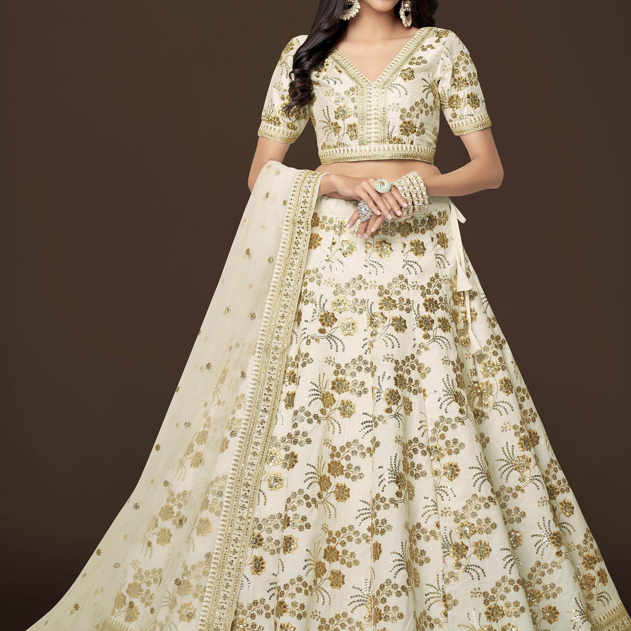 Adorable White Sequins Slub Silk Engagement Wear Lehenga Choli - Zeel Clothing