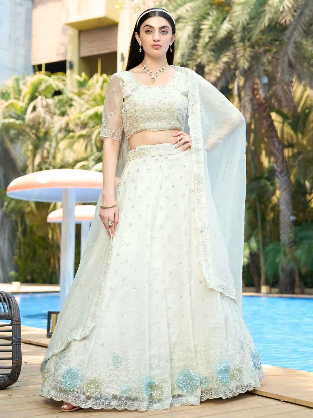 Adorable White Thread Work Organza Reception Wear Lehenga Choli - Zeel Clothing