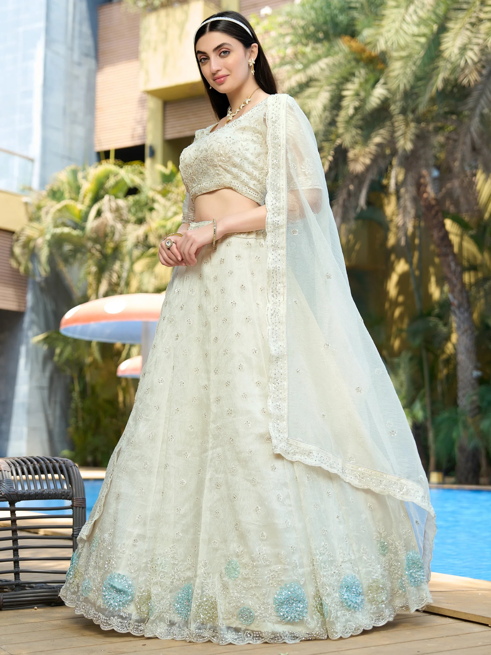 Adorable White Thread Work Organza Reception Wear Lehenga Choli - Zeel Clothing