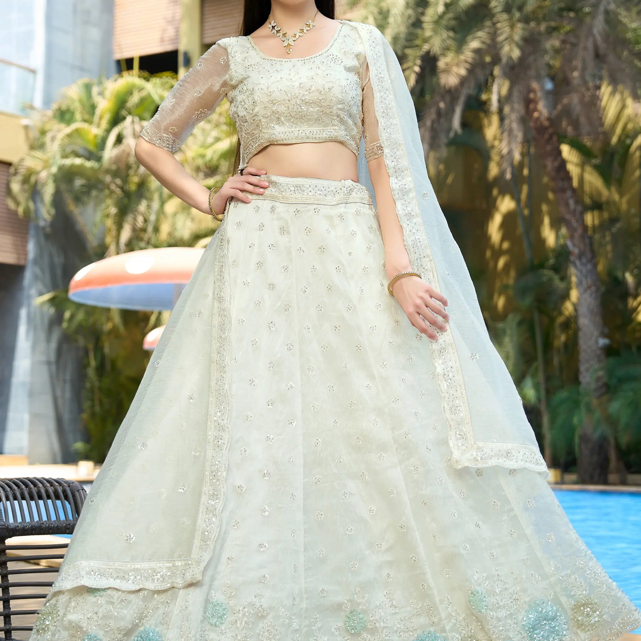 Adorable White Thread Work Organza Reception Wear Lehenga Choli - Zeel Clothing