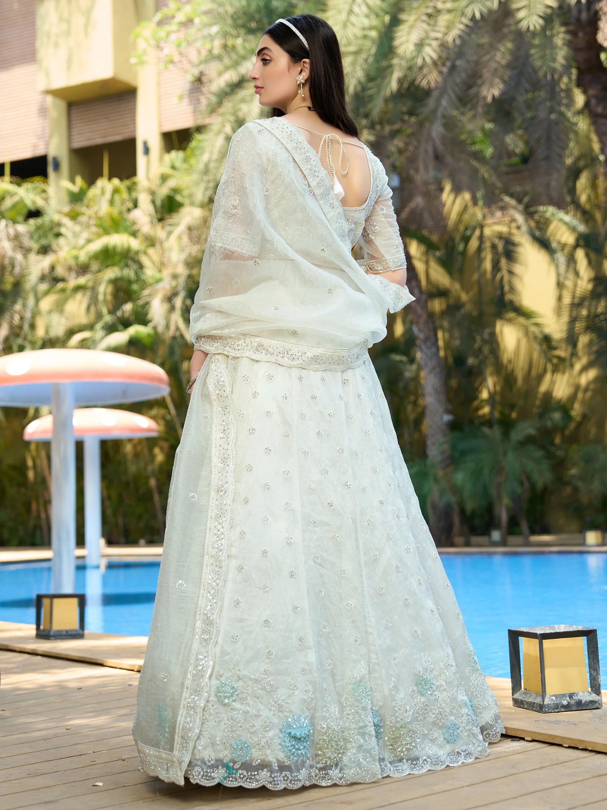 Adorable White Thread Work Organza Reception Wear Lehenga Choli - Zeel Clothing