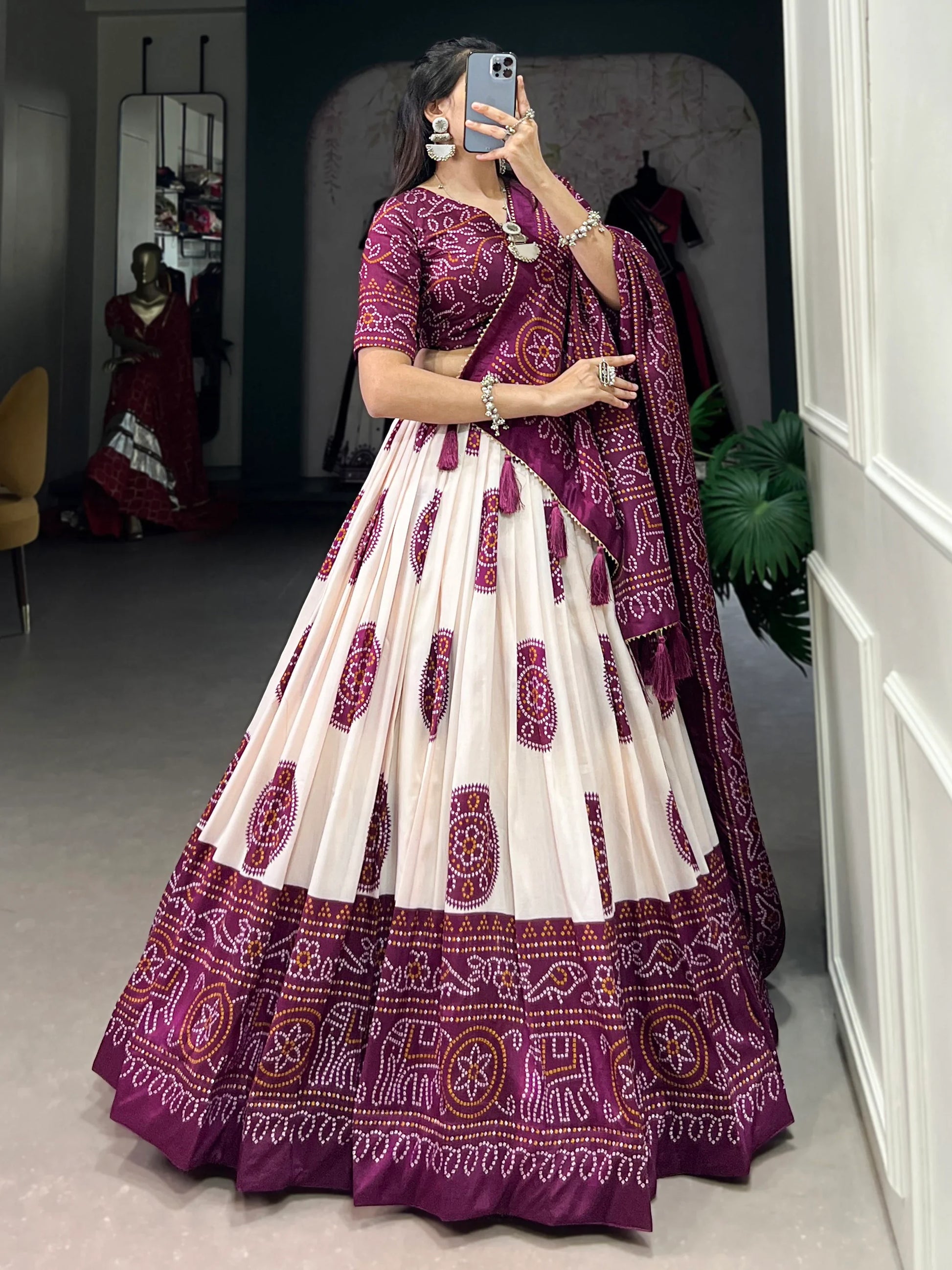 Adorable Wine Bandhani Printed Tussar Silk Lehenga Choli With Dupatta - Zeel Clothing