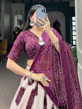 Adorable Wine Bandhani Printed Tussar Silk Lehenga Choli With Dupatta - Zeel Clothing