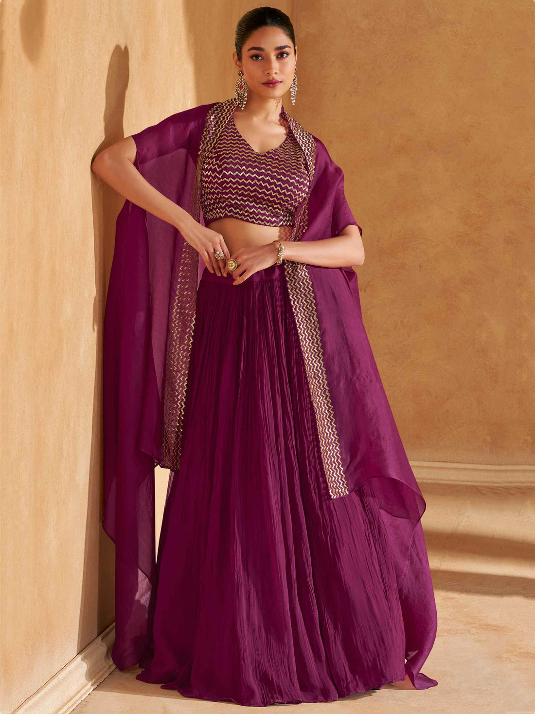 Adorable Wine Chinon Party Wear Lehenga Choli With Jacket - Zeel Clothing