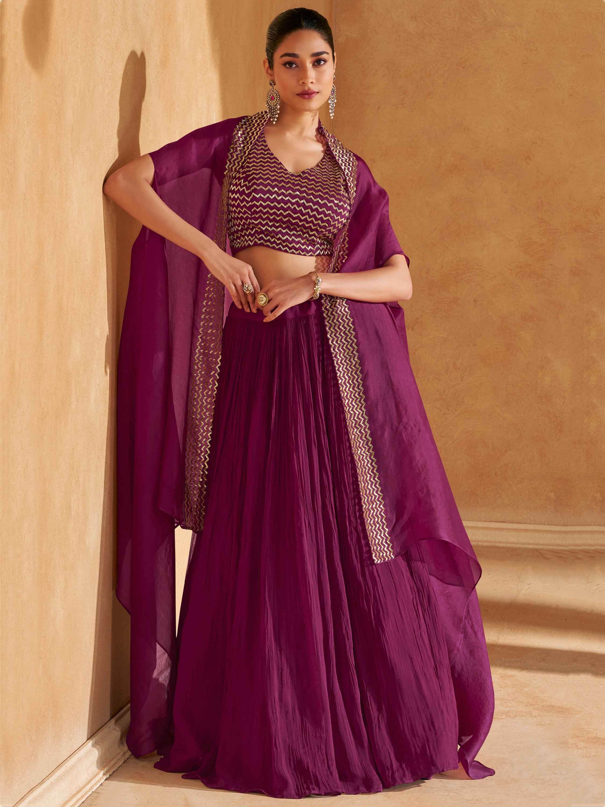 Adorable Wine Chinon Party Wear Lehenga Choli With Jacket - Zeel Clothing
