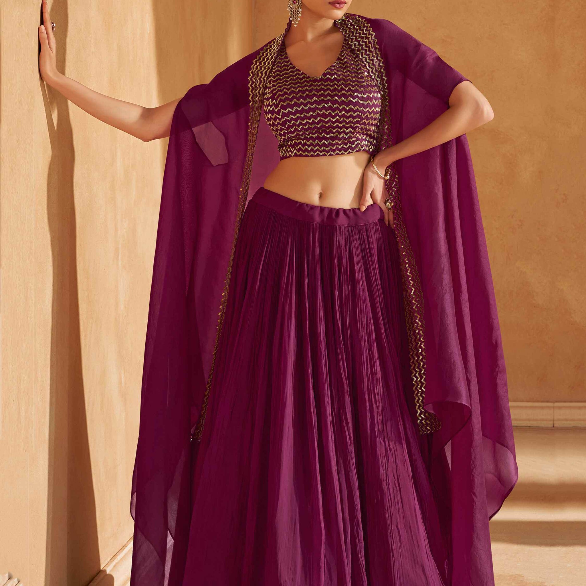 Adorable Wine Chinon Party Wear Lehenga Choli With Jacket - Zeel Clothing