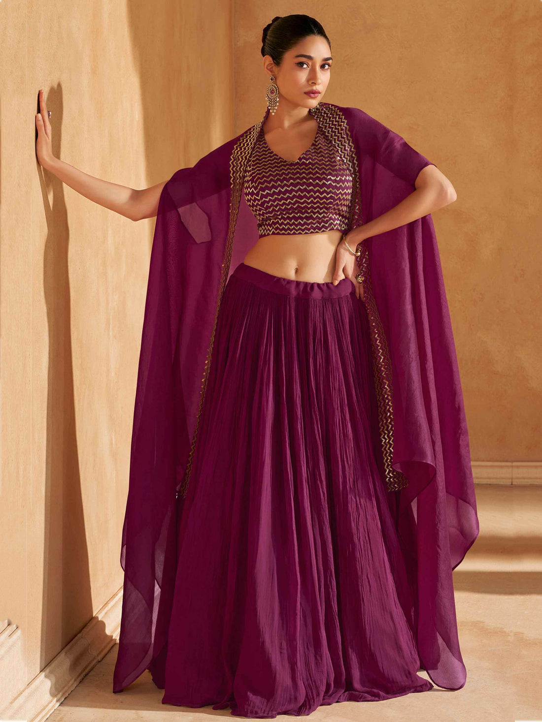 Adorable Wine Chinon Party Wear Lehenga Choli With Jacket - Zeel Clothing