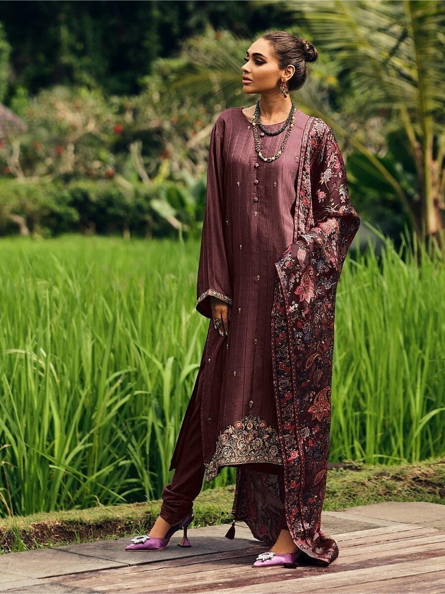 Adorable Wine Embroidered Muslin Silk Traditional Pakistani Salwar Suit