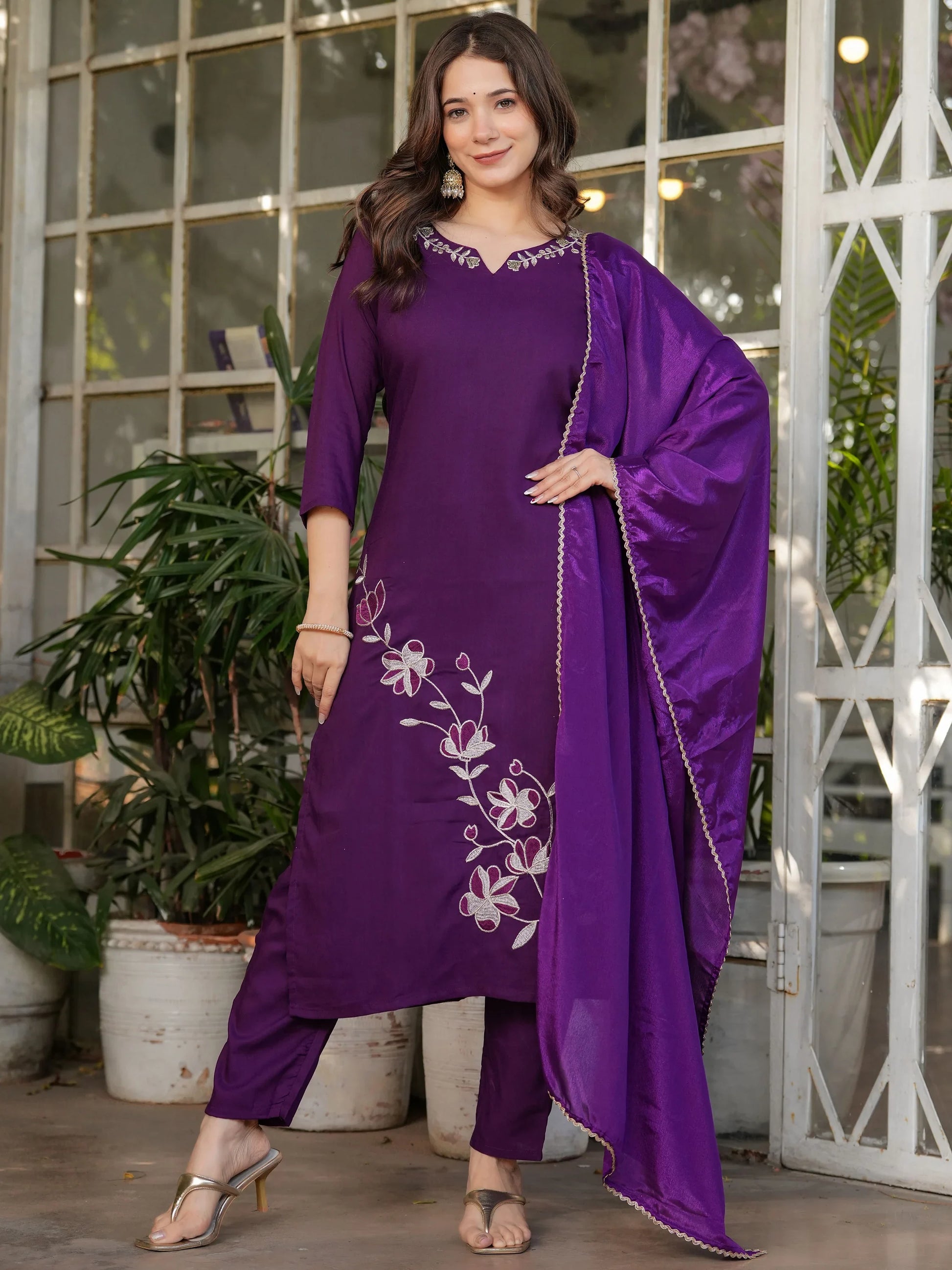 Adorable Wine Embroidered Viscose Silk Straight Pant Suit With Dupatta - Zeel Clothing