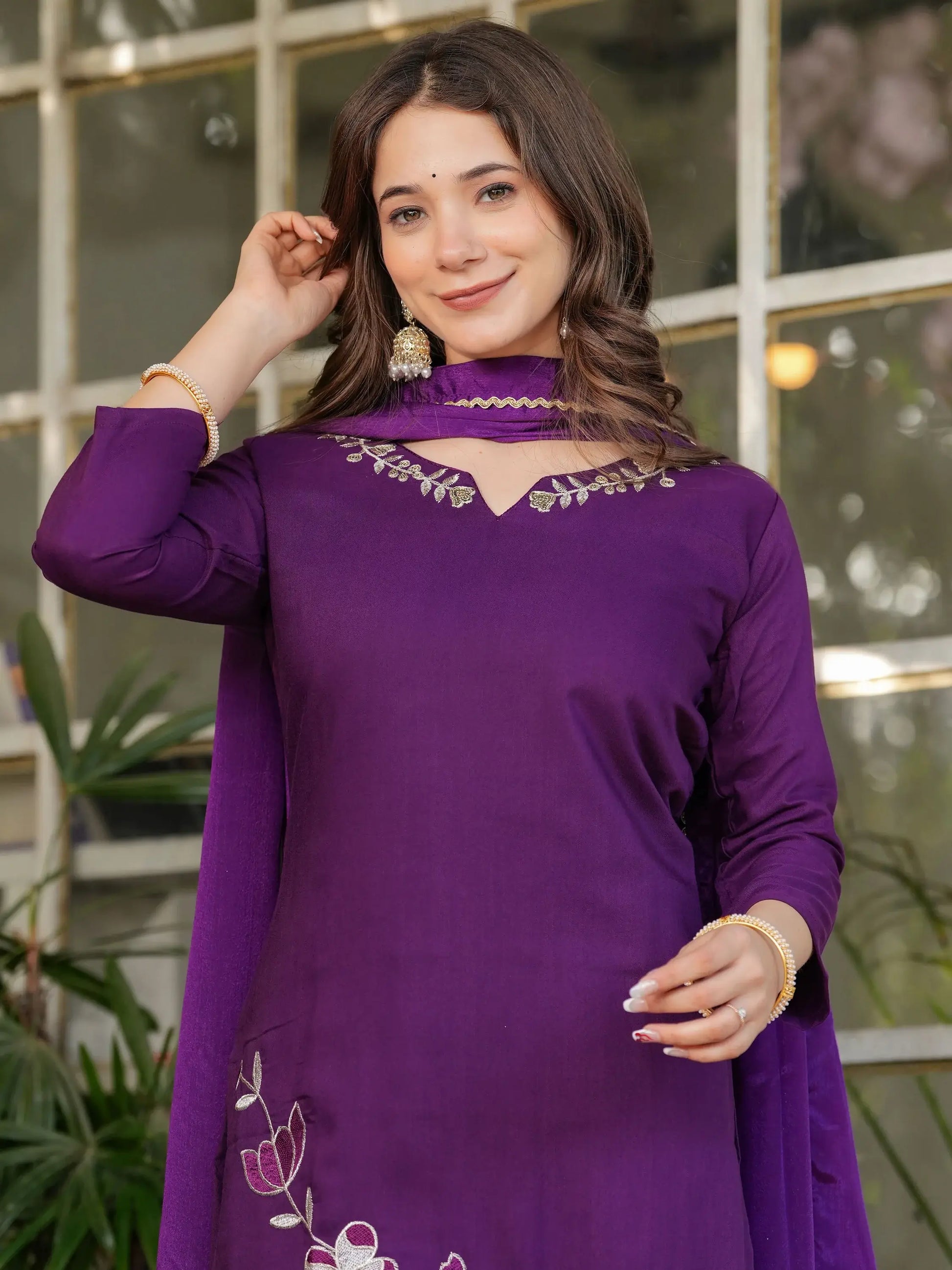 Adorable Wine Embroidered Viscose Silk Straight Pant Suit With Dupatta - Zeel Clothing