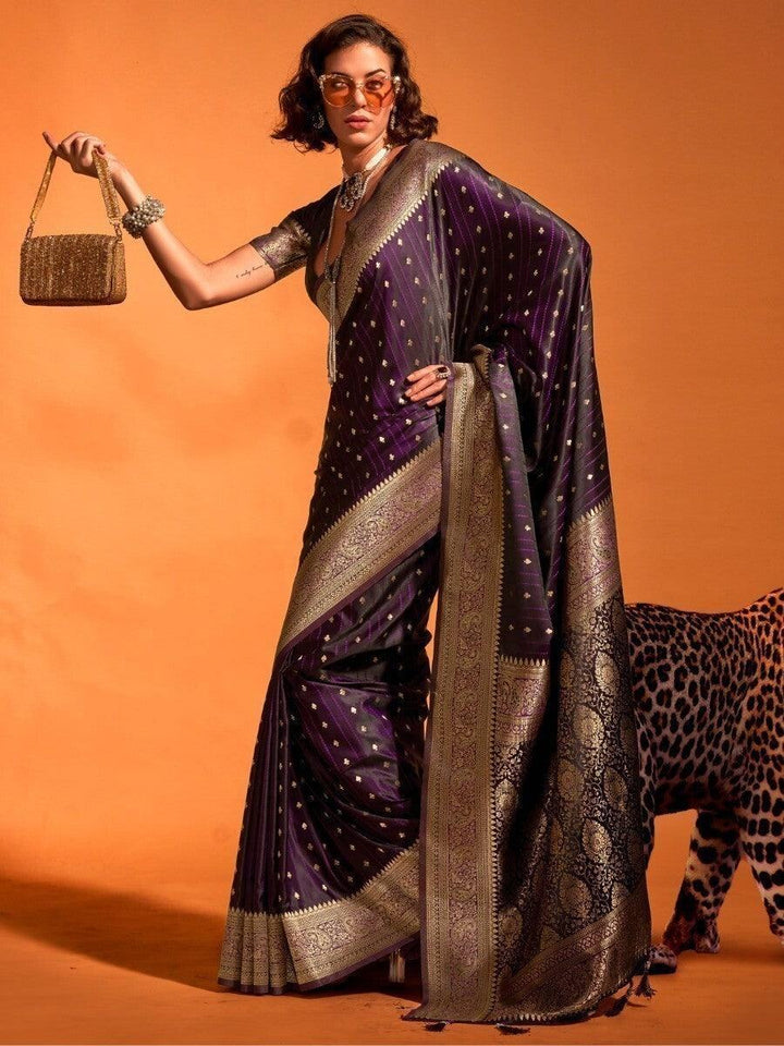 Adorable Wine Zari Weaving Satin Party Wear Saree With Blouse