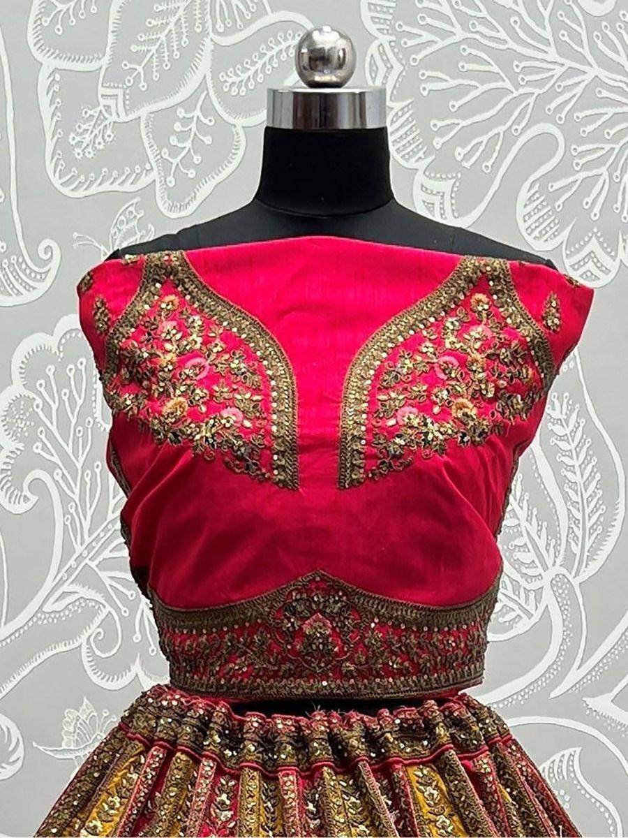 Adorable Yellow And Pink Embroidered Velvet Bridal Wear Lehenga Choli - Zeel Clothing