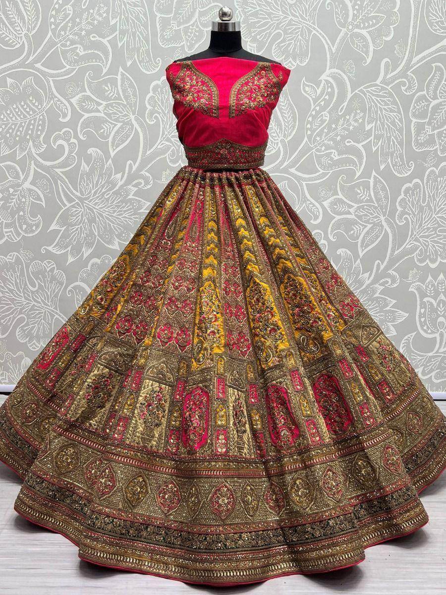 Adorable Yellow And Pink Embroidered Velvet Bridal Wear Lehenga Choli - Zeel Clothing