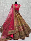 Adorable Yellow And Pink Embroidered Velvet Bridal Wear Lehenga Choli - Zeel Clothing