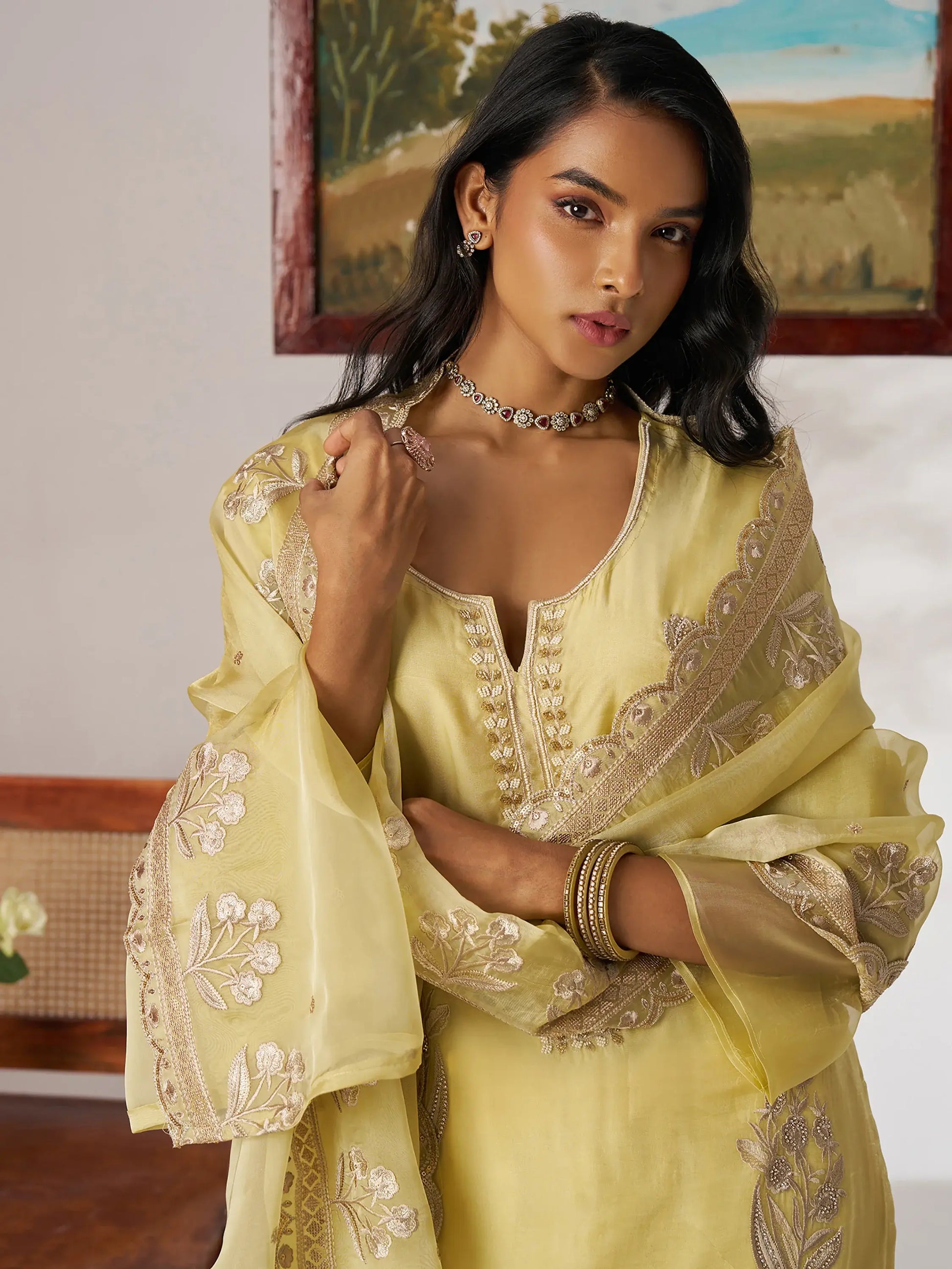 Adorable Yellow Embroidered Organza Haldi Wear Pant Suit With Dupatta - Zeel Clothing