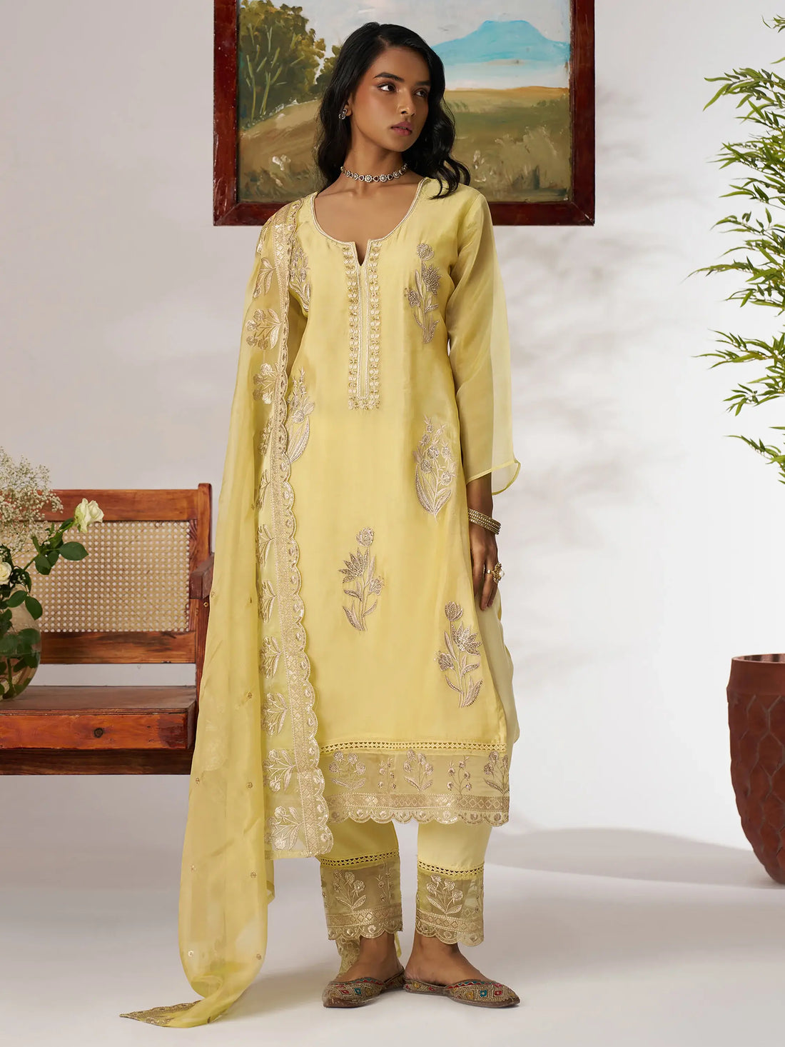 Adorable Yellow Embroidered Organza Haldi Wear Pant Suit With Dupatta - Zeel Clothing