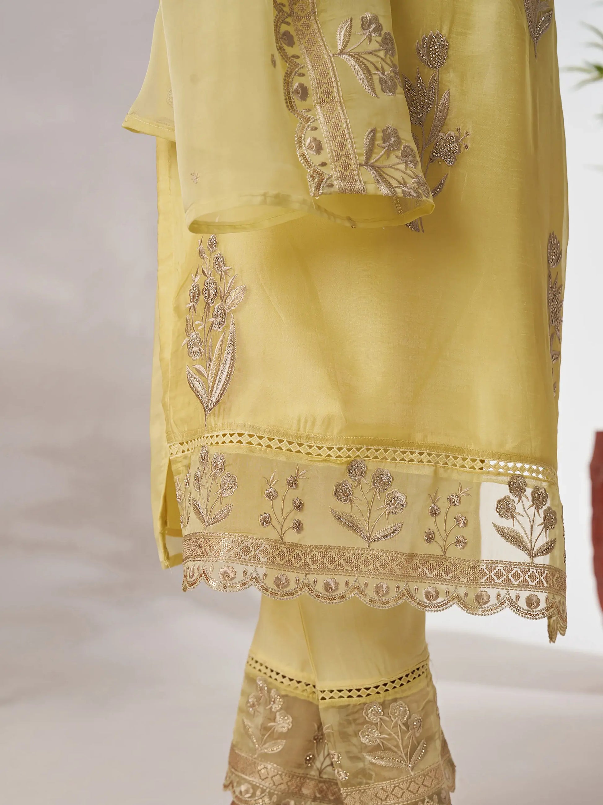 Adorable Yellow Embroidered Organza Haldi Wear Pant Suit With Dupatta - Zeel Clothing