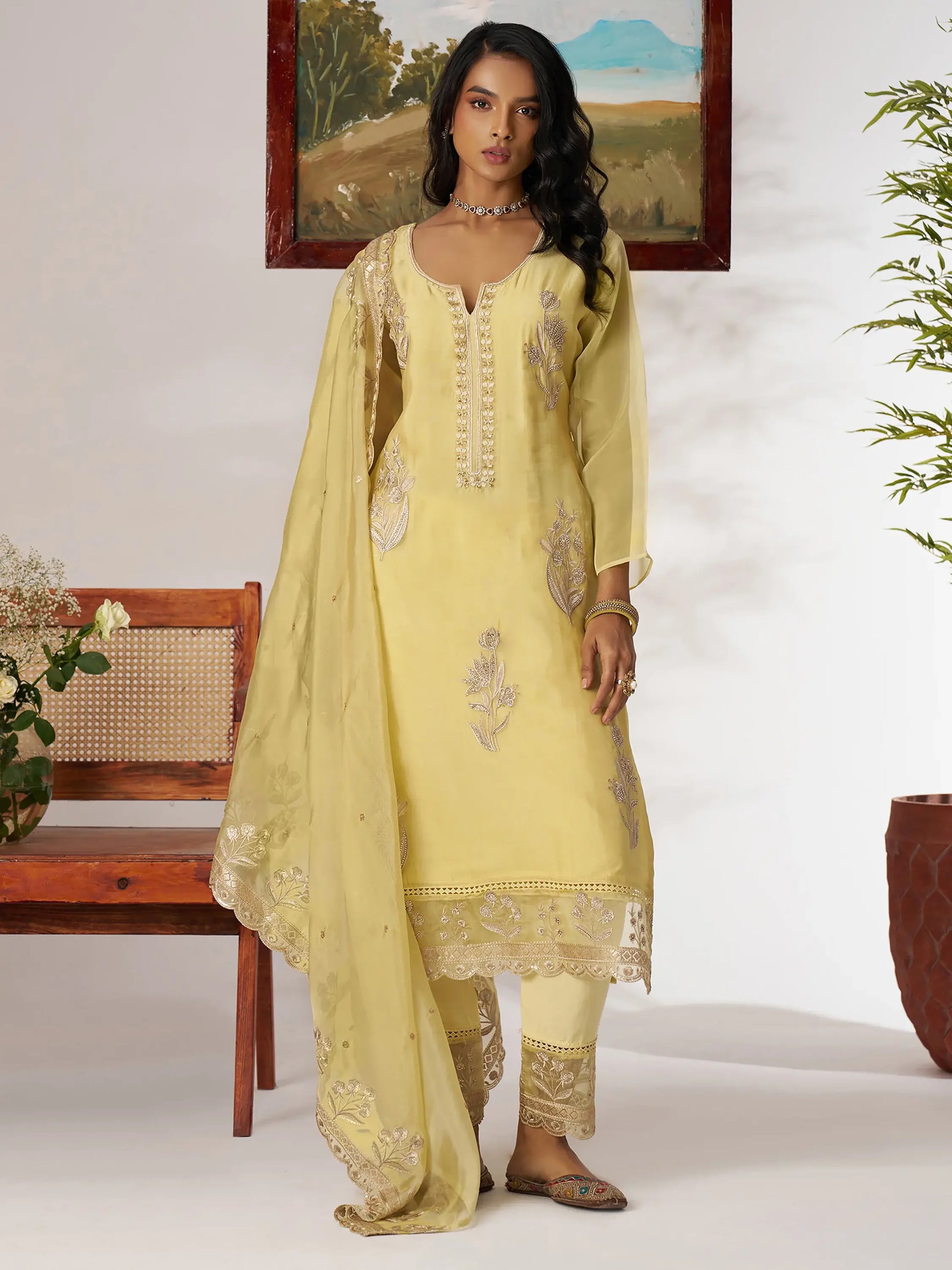 Adorable Yellow Embroidered Organza Haldi Wear Pant Suit With Dupatta - Zeel Clothing
