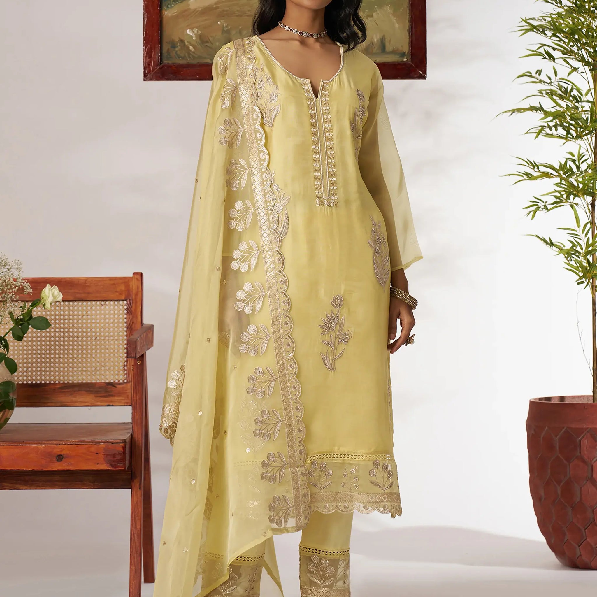 Adorable Yellow Embroidered Organza Haldi Wear Pant Suit With Dupatta - Zeel Clothing