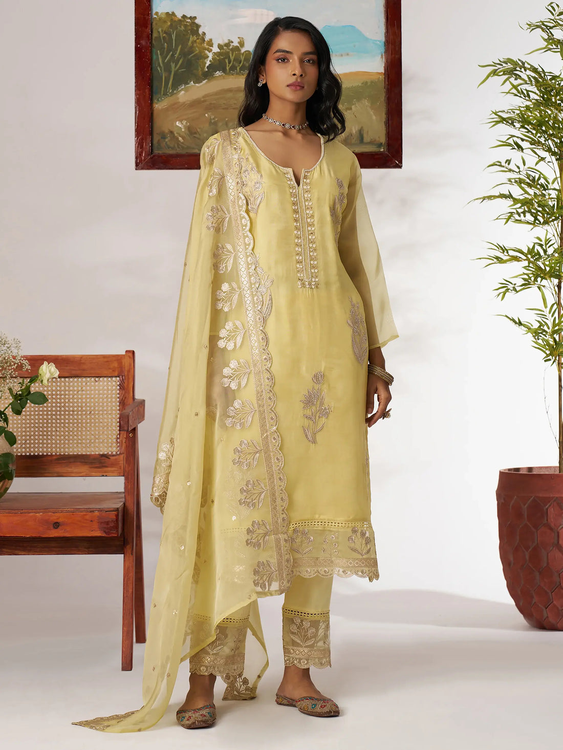 Adorable Yellow Embroidered Organza Haldi Wear Pant Suit With Dupatta - Zeel Clothing
