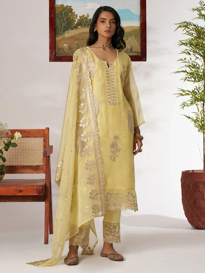 Adorable Yellow Embroidered Organza Haldi Wear Pant Suit With Dupatta - Zeel Clothing