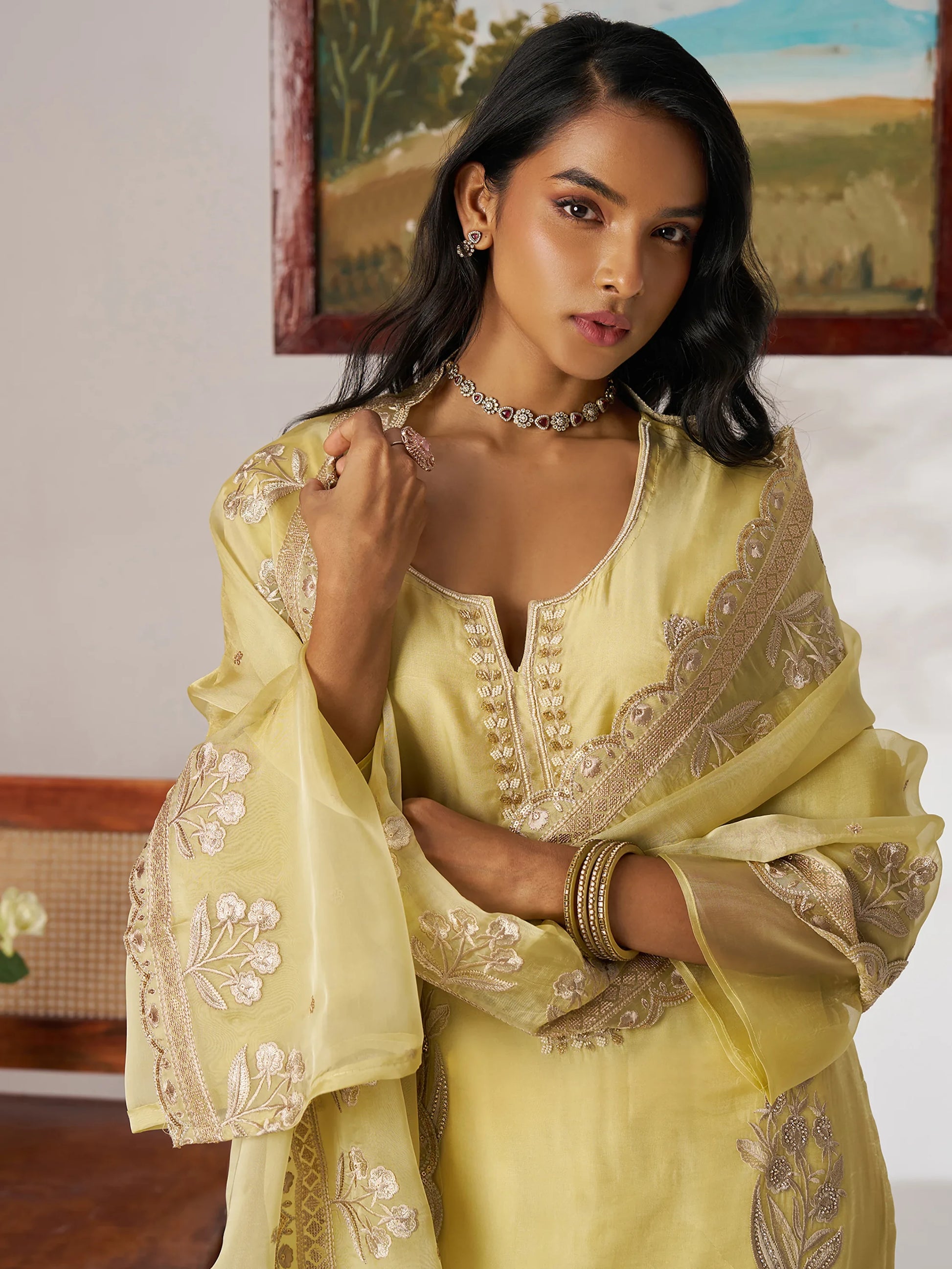 Adorable Yellow Embroidered Organza Haldi Wear Pant Suit With Dupatta - Zeel Clothing