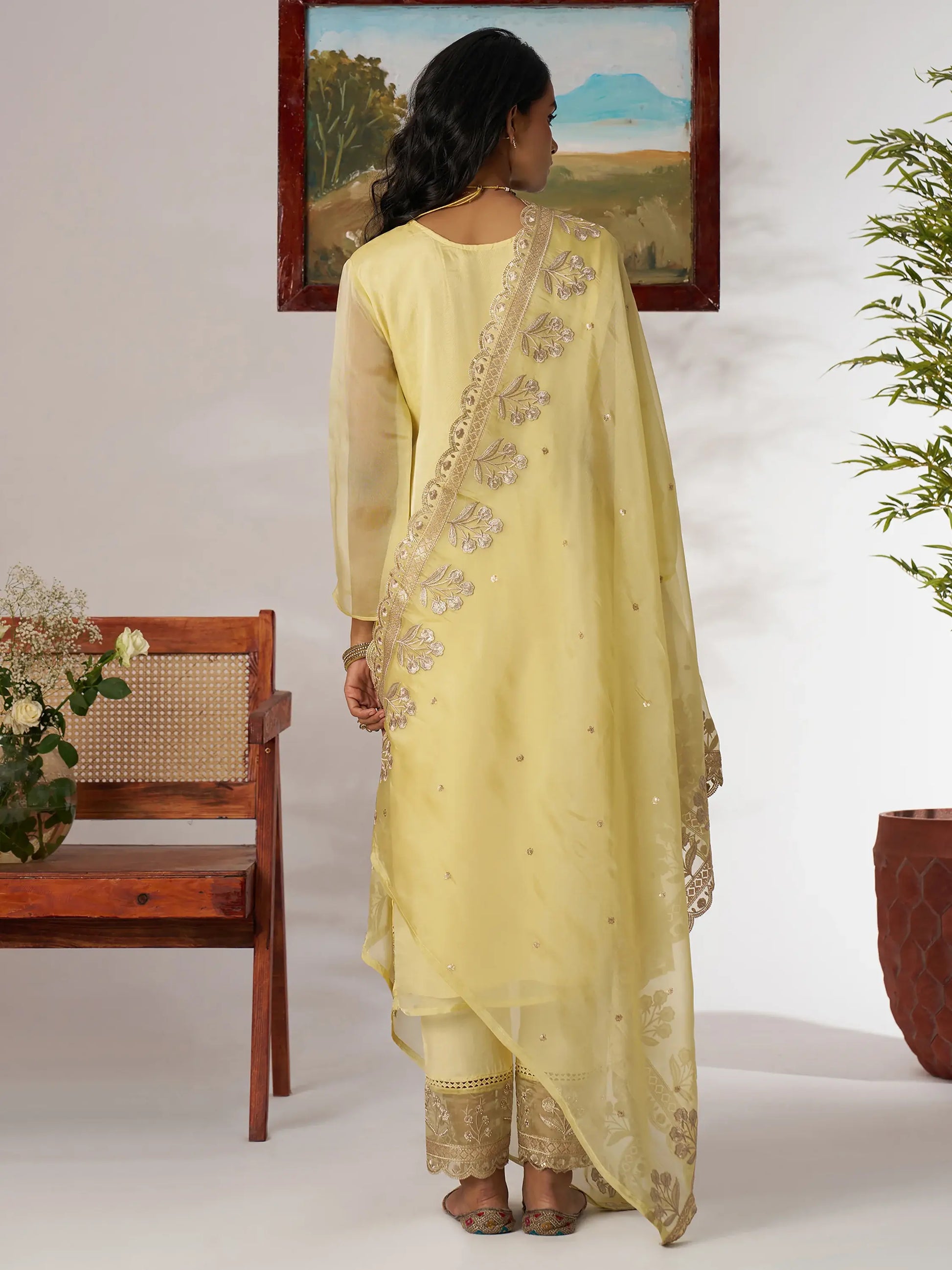 Adorable Yellow Embroidered Organza Haldi Wear Pant Suit With Dupatta - Zeel Clothing