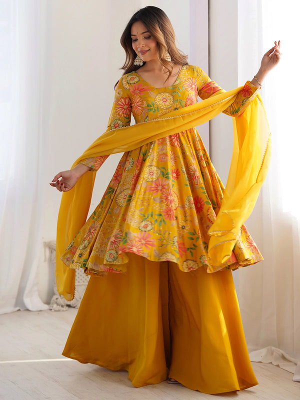Adorable Yellow Floral Printed Silk Haldi Wear Palazzo Suit - Zeel Clothing