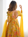 Adorable Yellow Floral Printed Silk Haldi Wear Palazzo Suit - Zeel Clothing