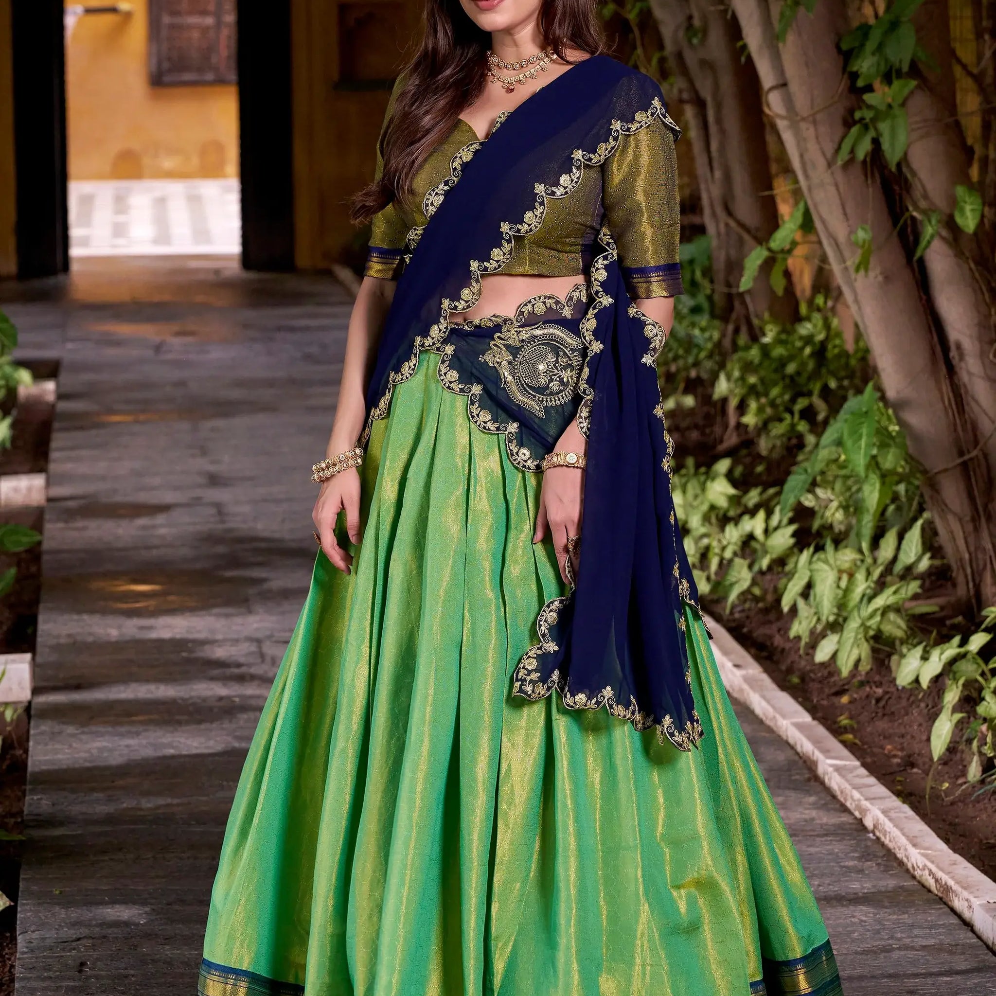 Adoring Green Zari Weaving Kanchipuram Silk Onam Special Half Saree Lehenga - Zeel Clothing