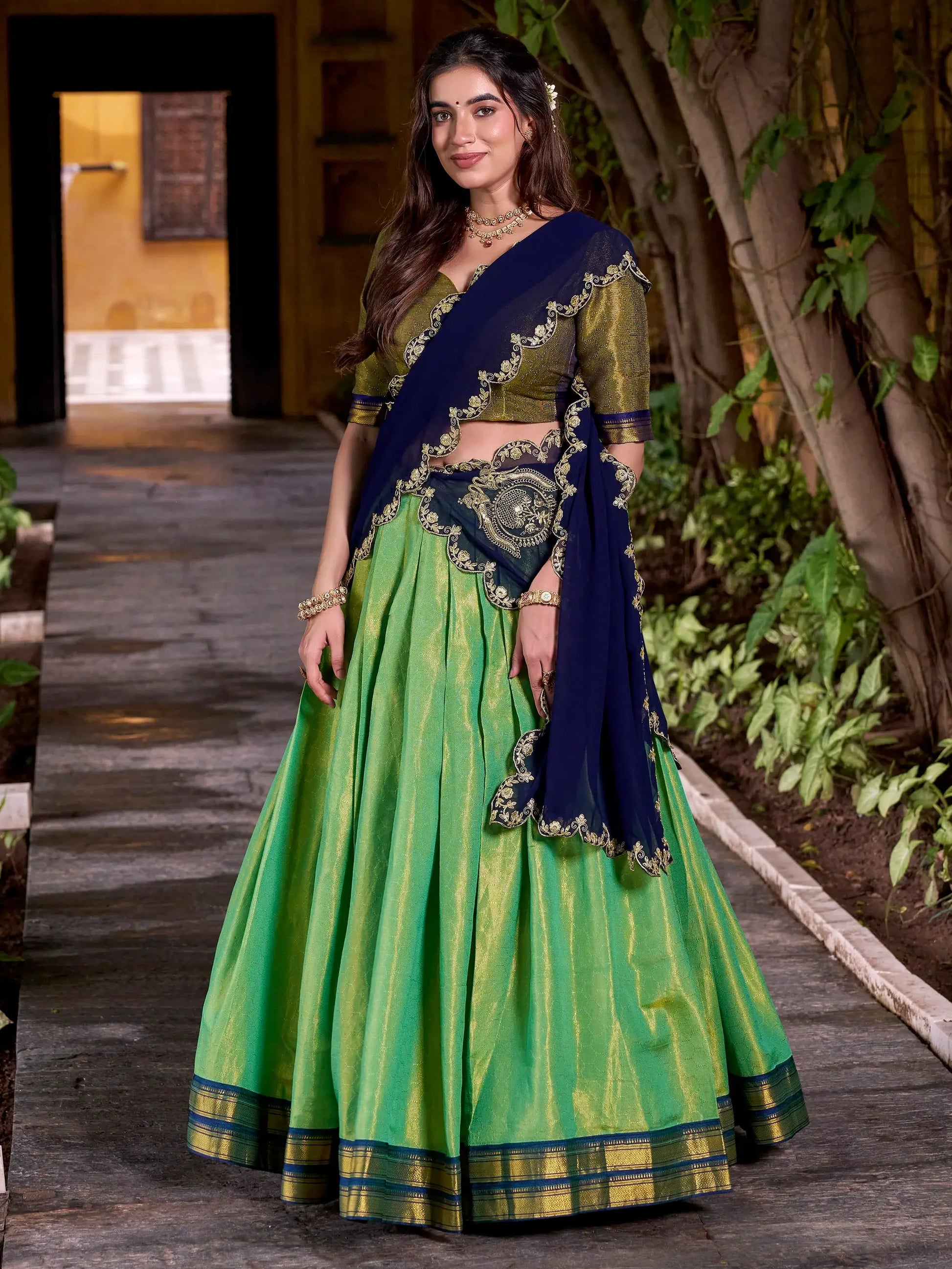 Adoring Green Zari Weaving Kanchipuram Silk Onam Special Half Saree Lehenga - Zeel Clothing