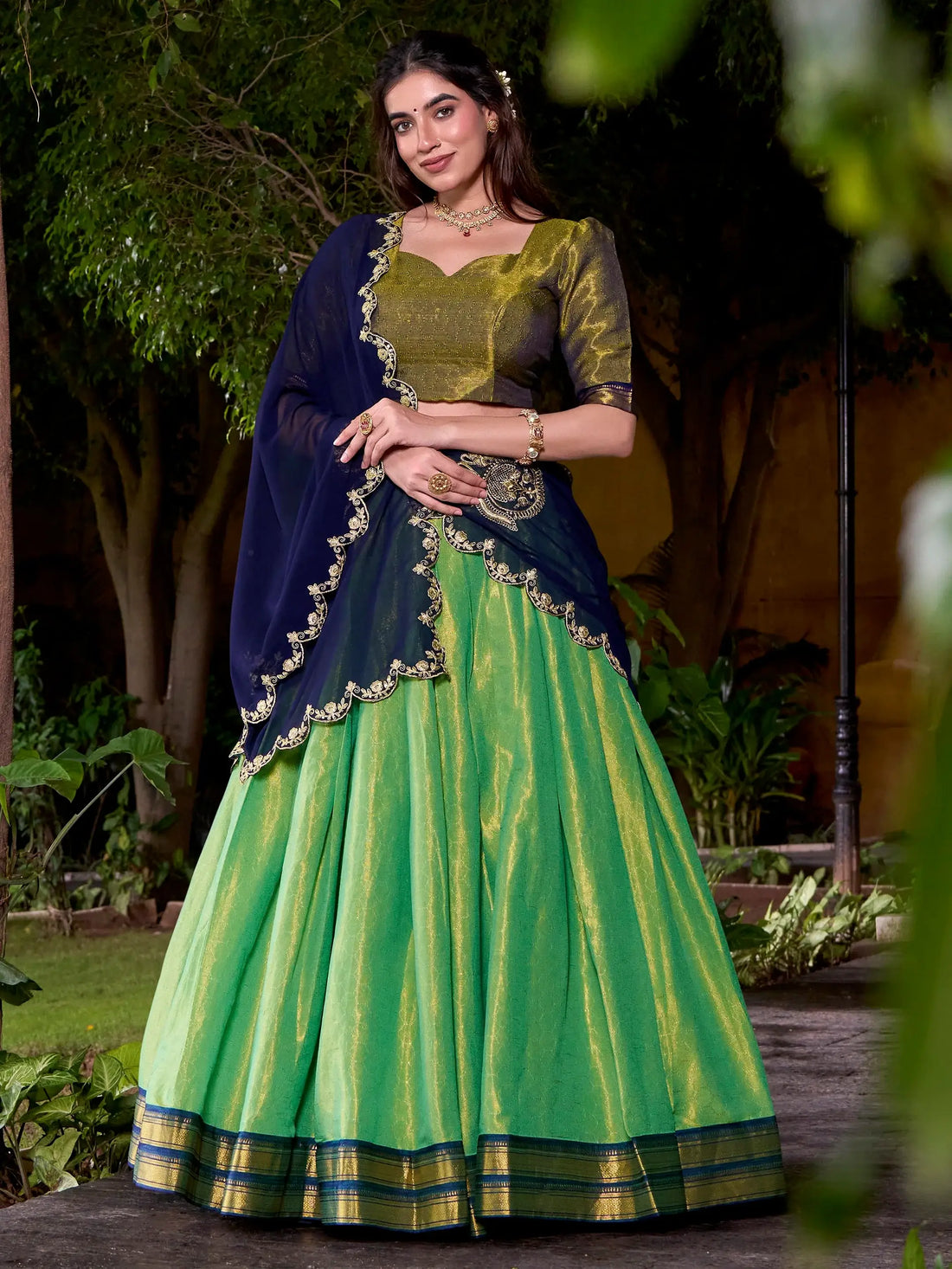 Adoring Green Zari Weaving Kanchipuram Silk Onam Special Half Saree Lehenga - Zeel Clothing
