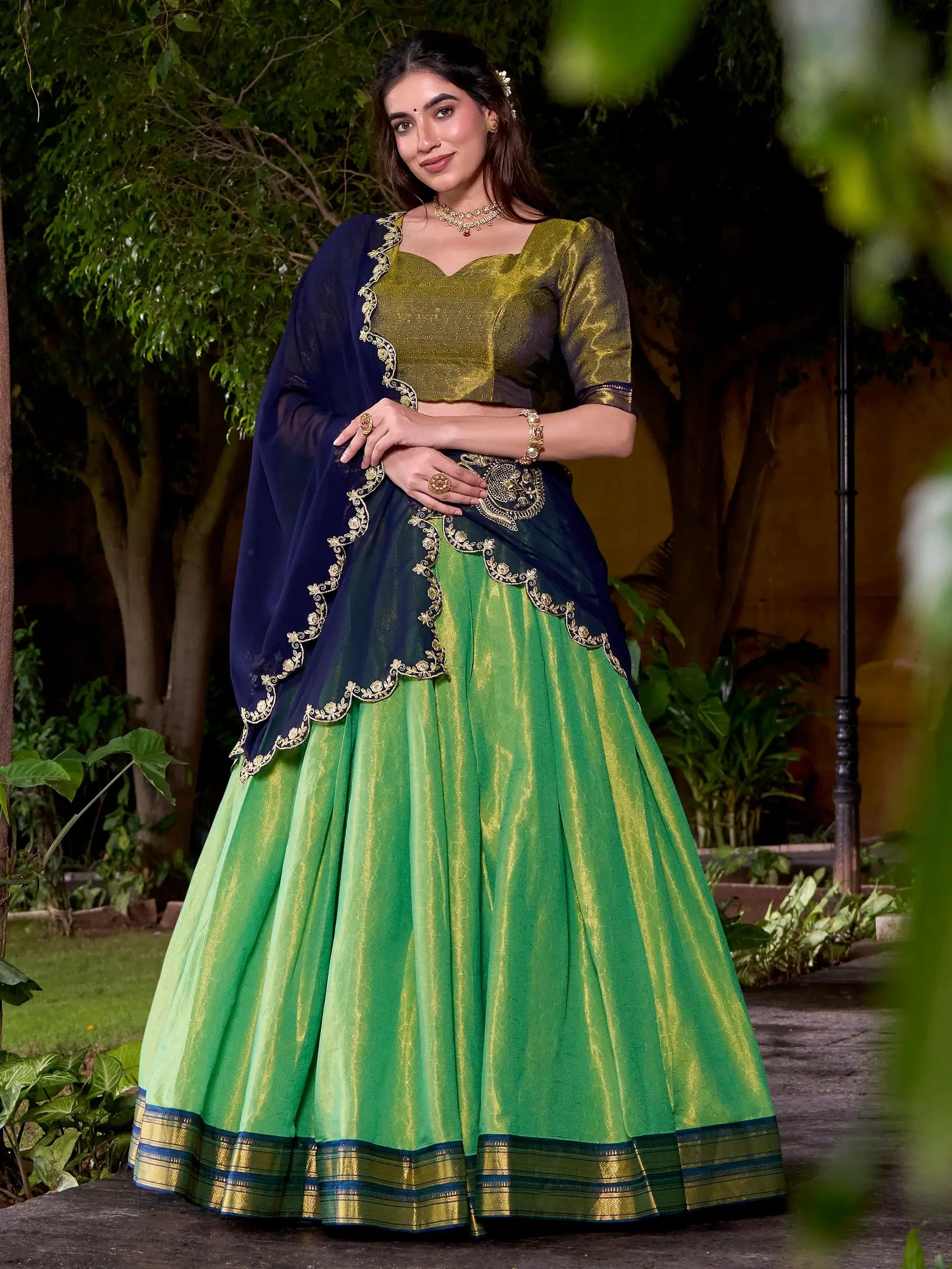 Adoring Green Zari Weaving Kanchipuram Silk Onam Special Half Saree Lehenga - Zeel Clothing
