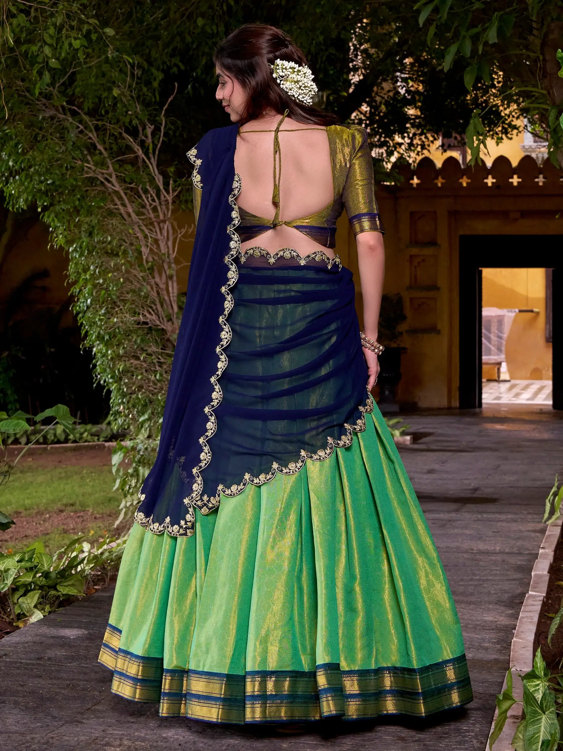 Adoring Green Zari Weaving Kanchipuram Silk Onam Special Half Saree Lehenga - Zeel Clothing