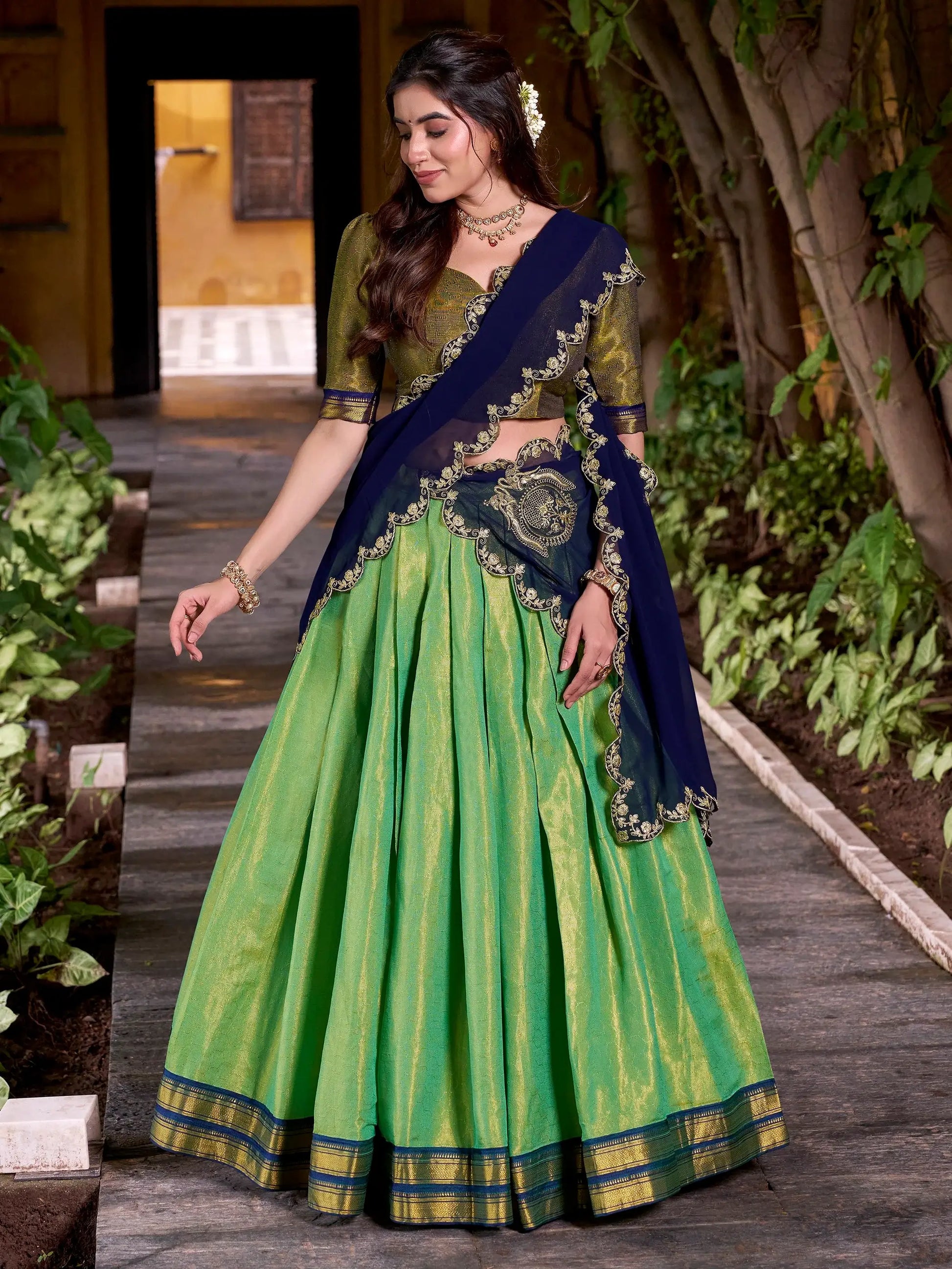 Adoring Green Zari Weaving Kanchipuram Silk Onam Special Half Saree Lehenga - Zeel Clothing