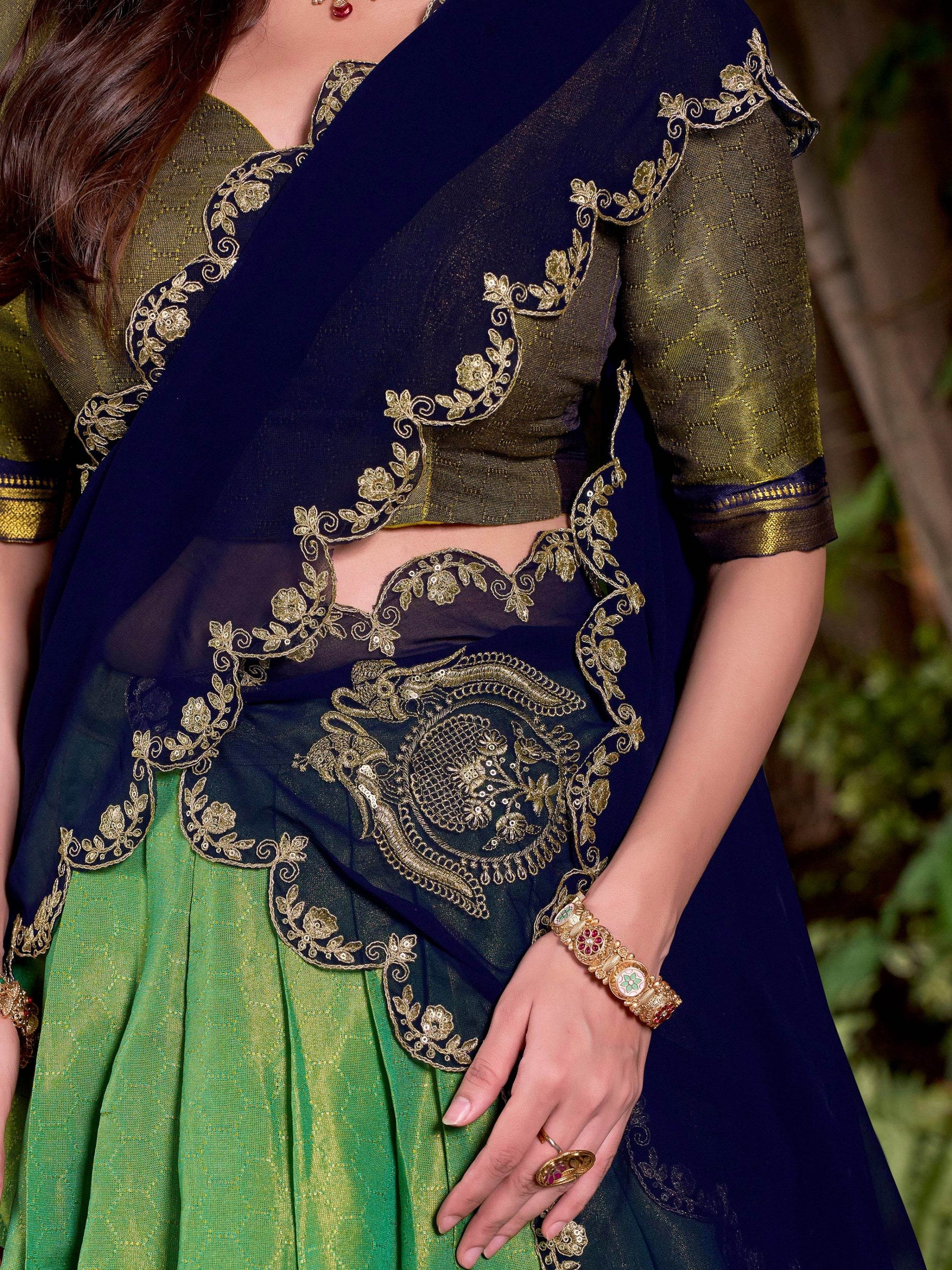 Adoring Green Zari Weaving Kanchipuram Silk Onam Special Half Saree Lehenga - Zeel Clothing