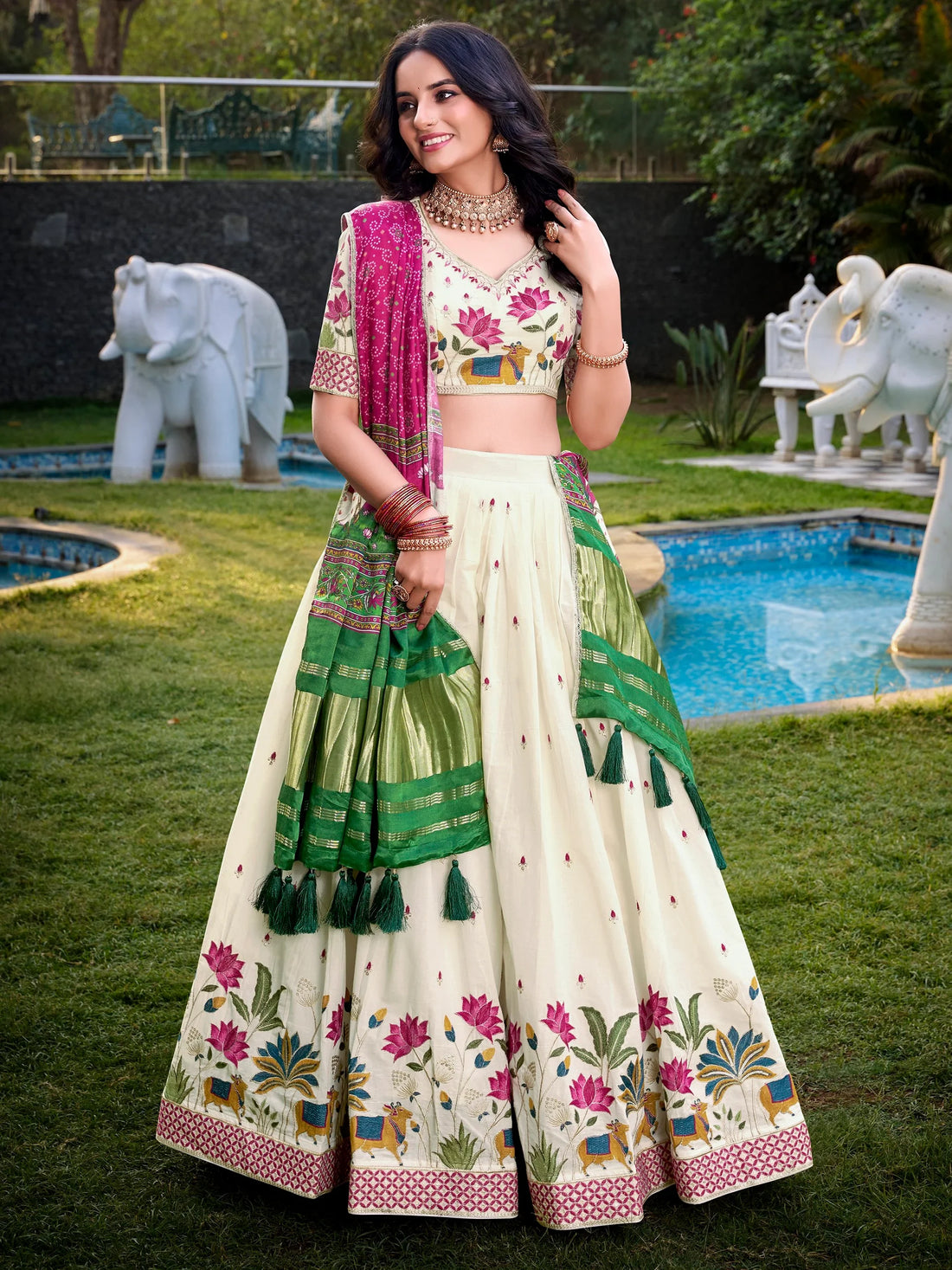 Adoring Off-White Embroidered Cotton Traditional Lehenga Choli With Pink Dupatta - Zeel Clothing