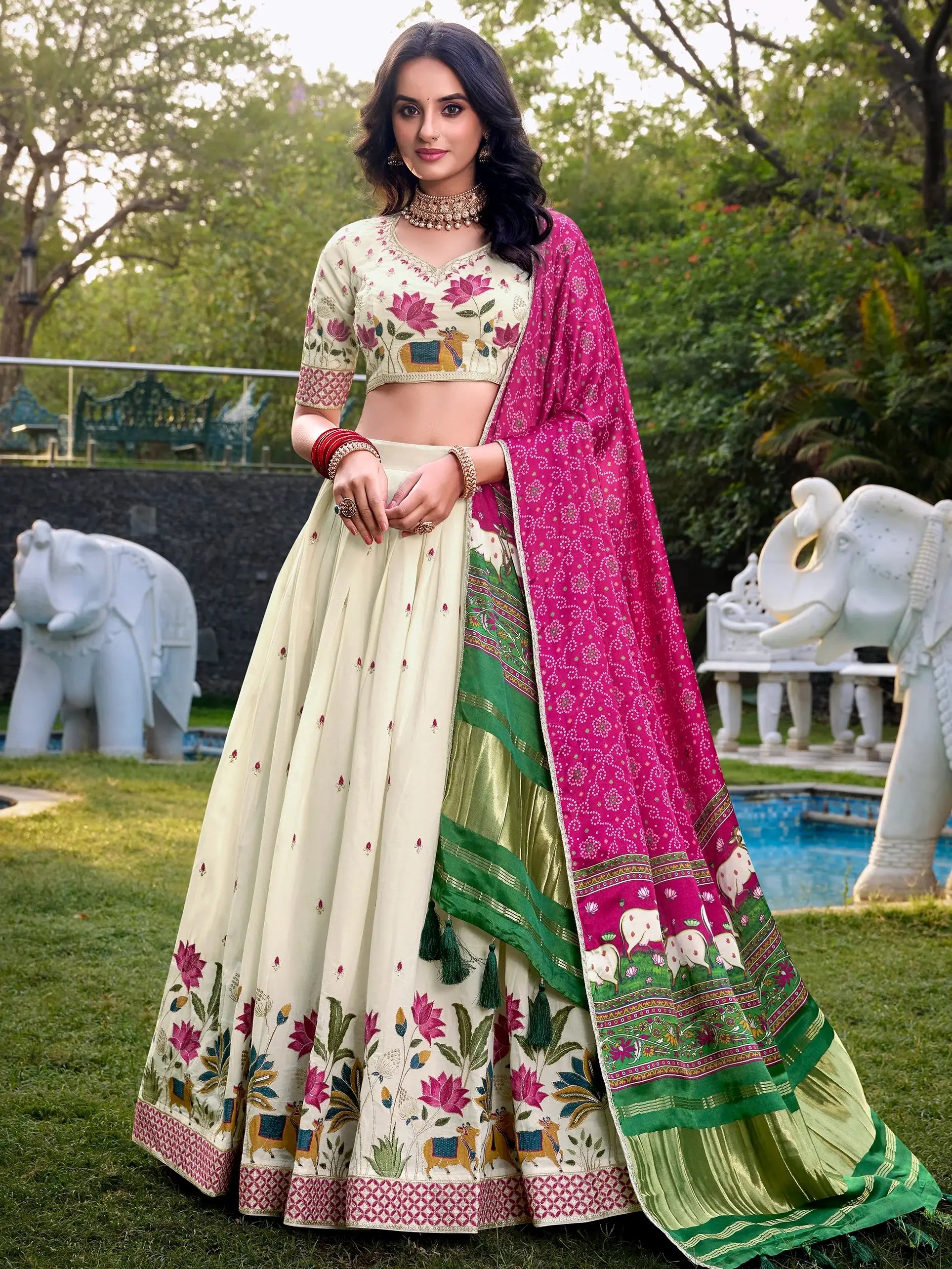 Adoring Off-White Embroidered Cotton Traditional Lehenga Choli With Pink Dupatta - Zeel Clothing