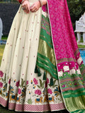 Adoring Off-White Embroidered Cotton Traditional Lehenga Choli With Pink Dupatta - Zeel Clothing
