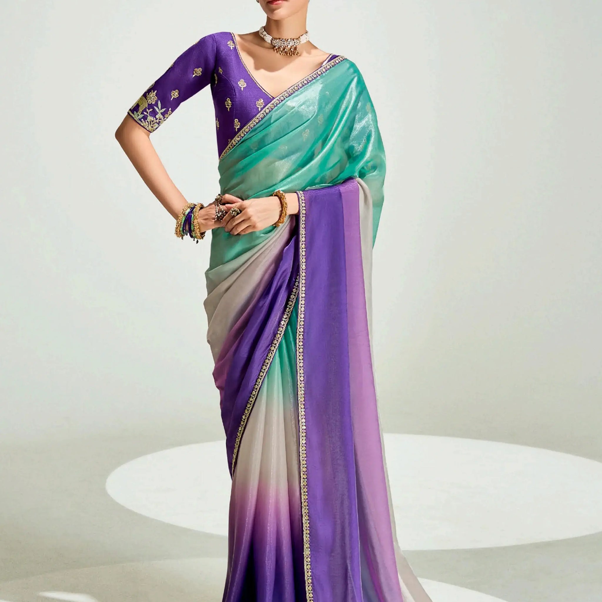 Adoring Purple Border Work Organza Event Wear Saree With Blouse - Zeel Clothing