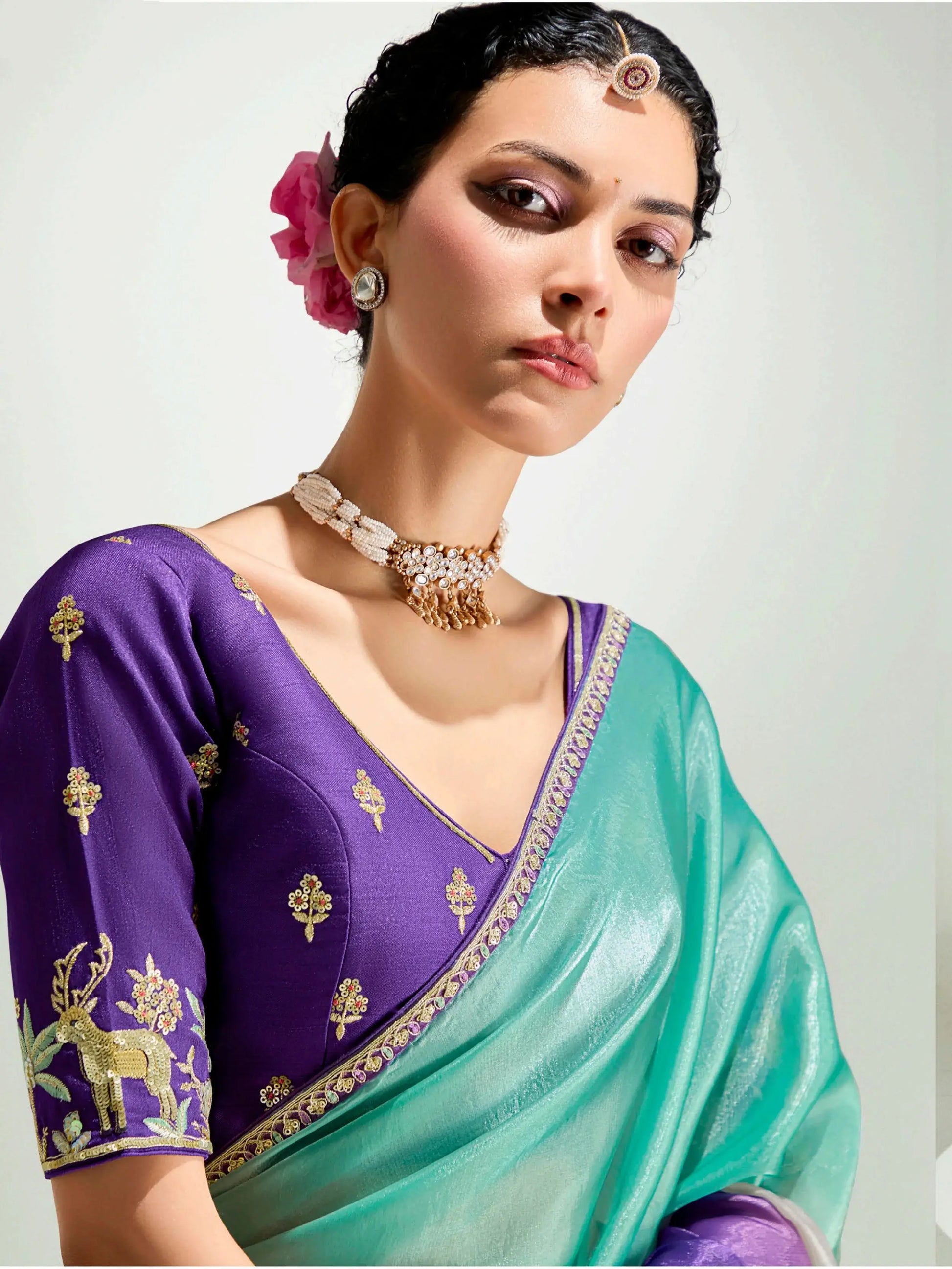 Adoring Purple Border Work Organza Event Wear Saree With Blouse - Zeel Clothing
